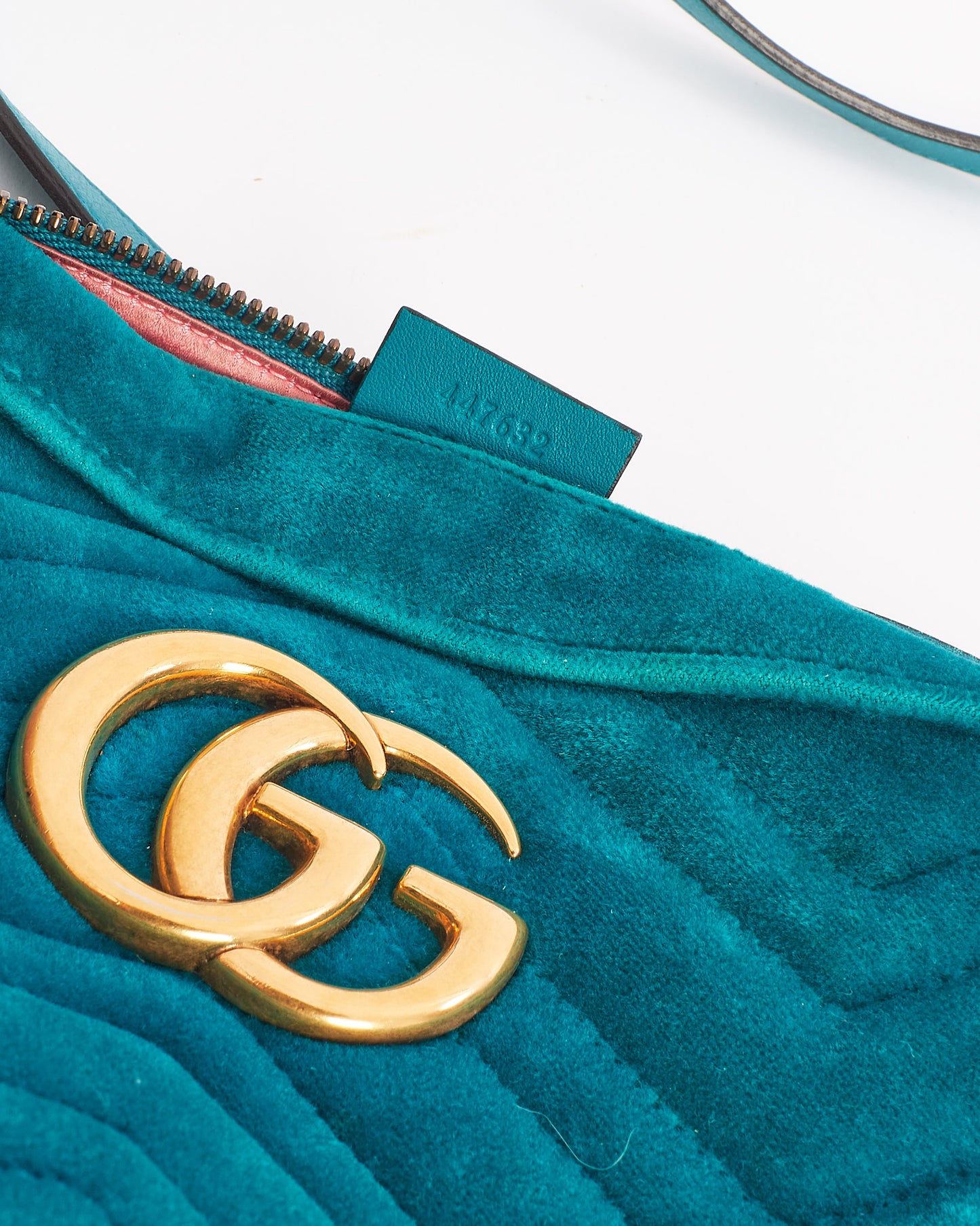 Gucci Turquoise Matelassé Velvet Small GG Marmont Chain Crossbody Bag