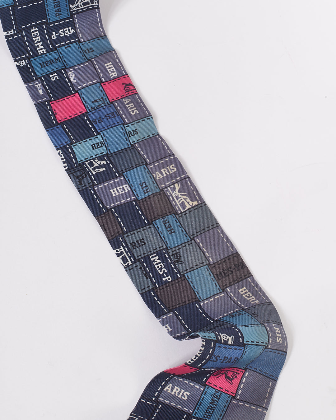 Hermes Purple Print Ribbon Logo Silk Twilly Scarf