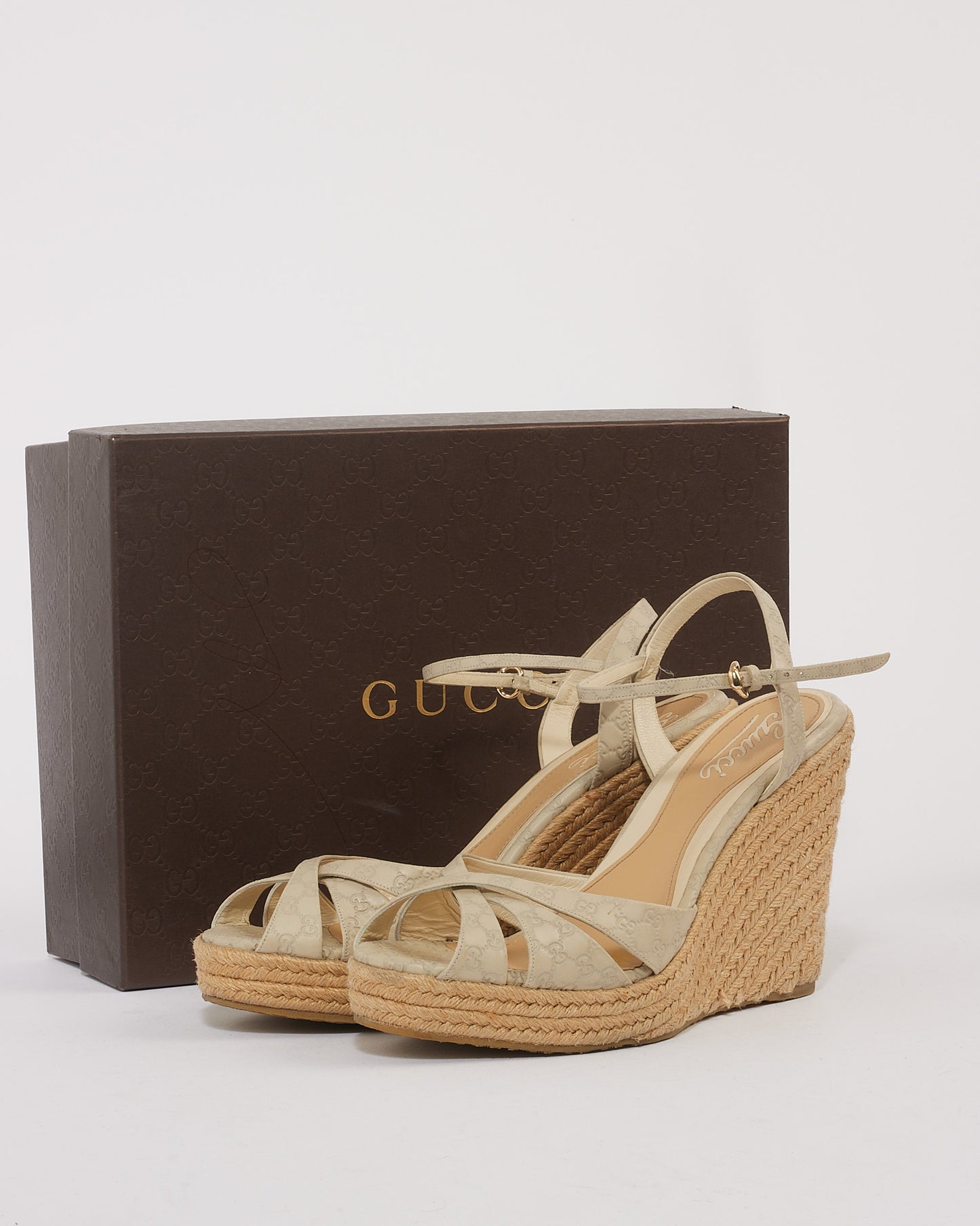 Gucci Light Grey Leather Guccissima GG Strap Wedge Sandal - 39