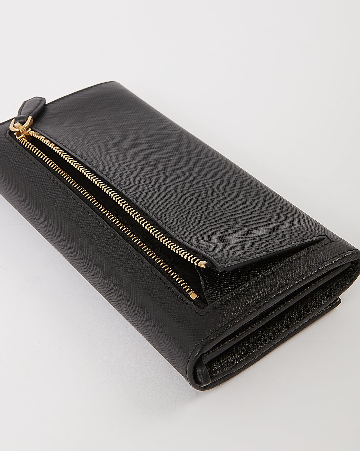 Portefeuille à rabat continental en cuir saffiano noir Prada