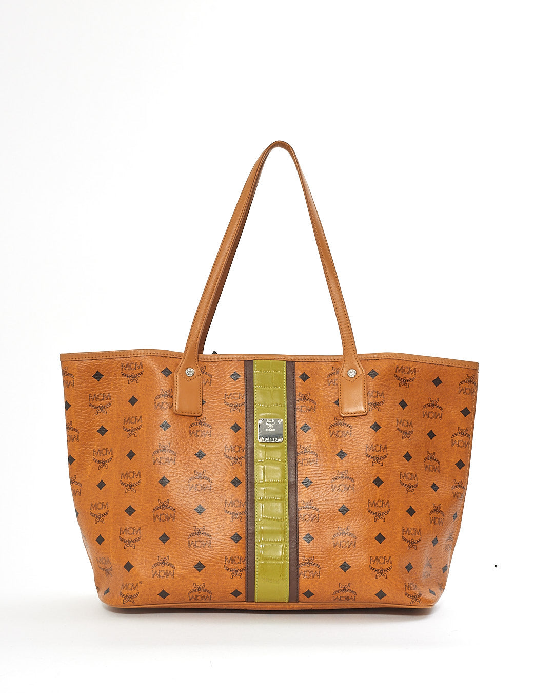 Explore a MCM Cognac Visetos Monogram Green Stripe Liz Shopper