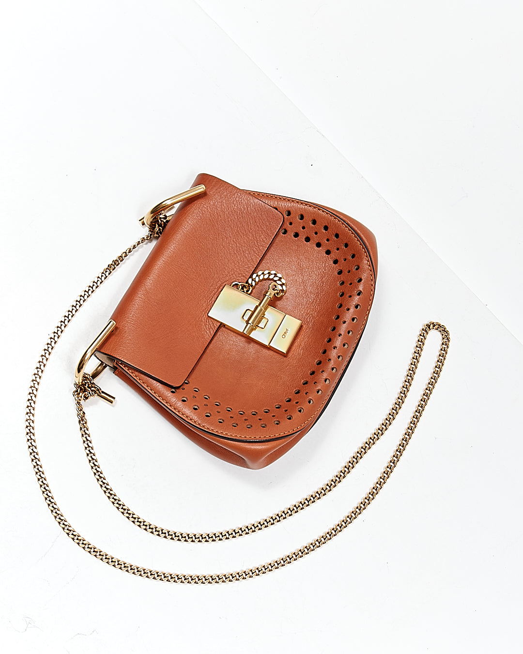 Chloe Tan Leather Laser Cut Small Drew Crossbody Bag