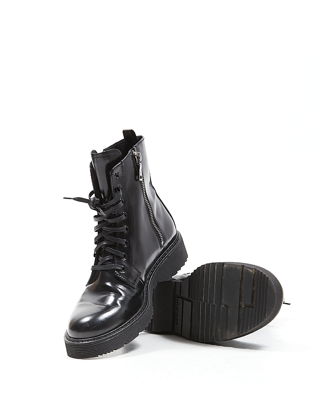 Prada Black Shiny Leather Combat Zip Lace Up Boots - 38.5