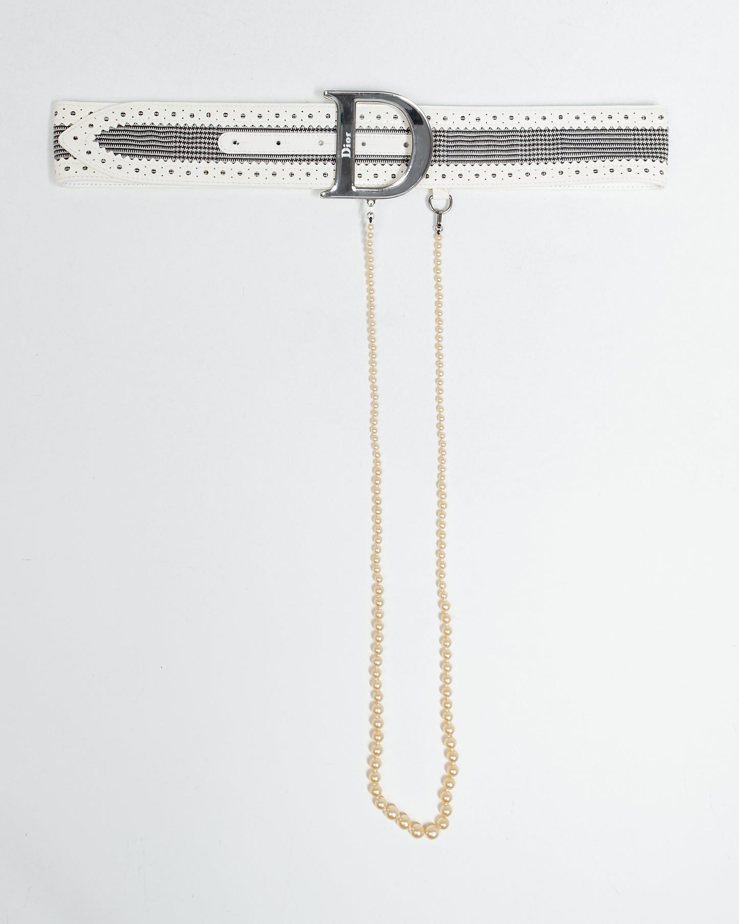 Dior Black/White Brogue Patent Leather & Fabric Faux Pearl D-Trick Belt - 80