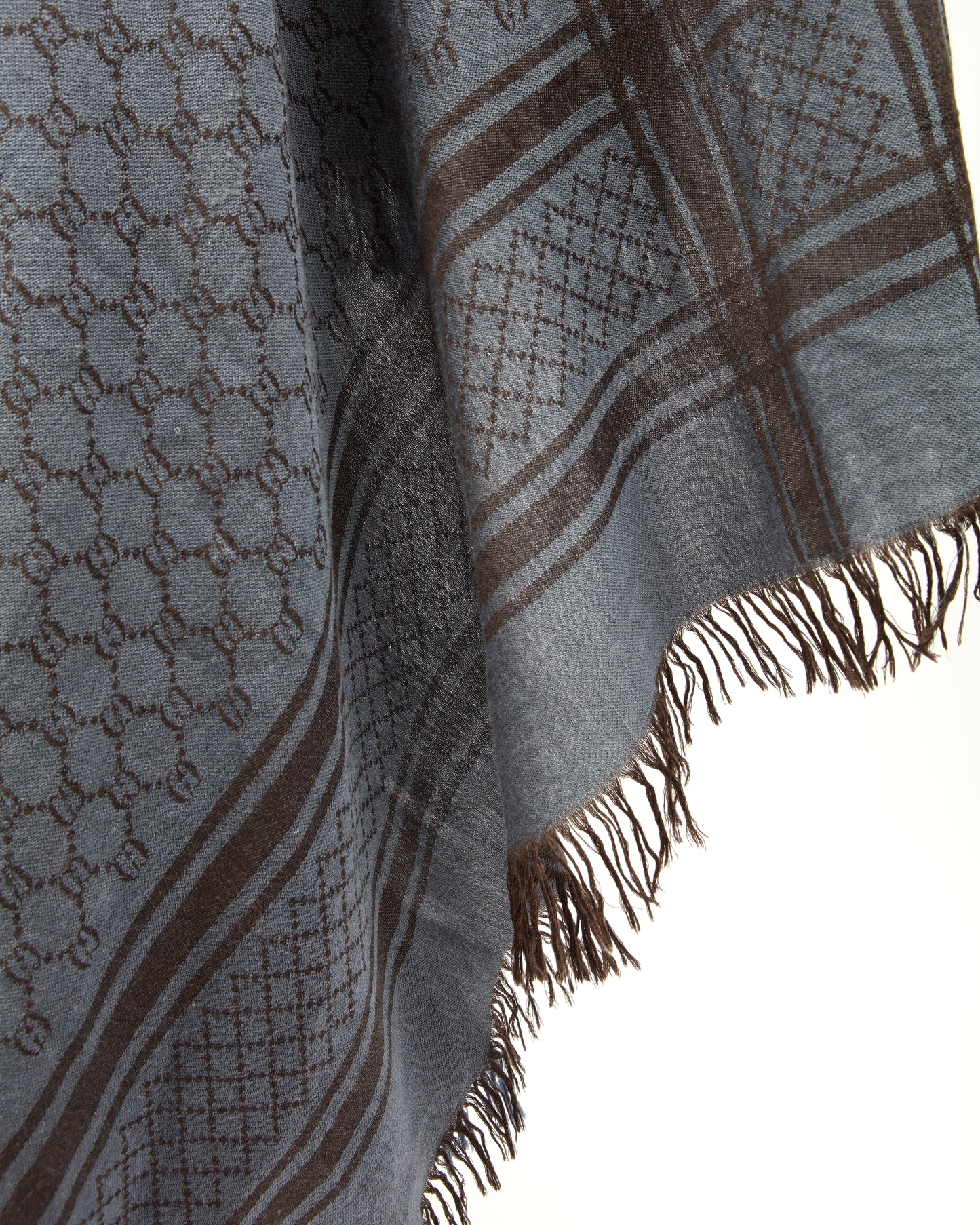 Gucci Brown/Blue GG Logo Fringe Wool/Silk Scarf