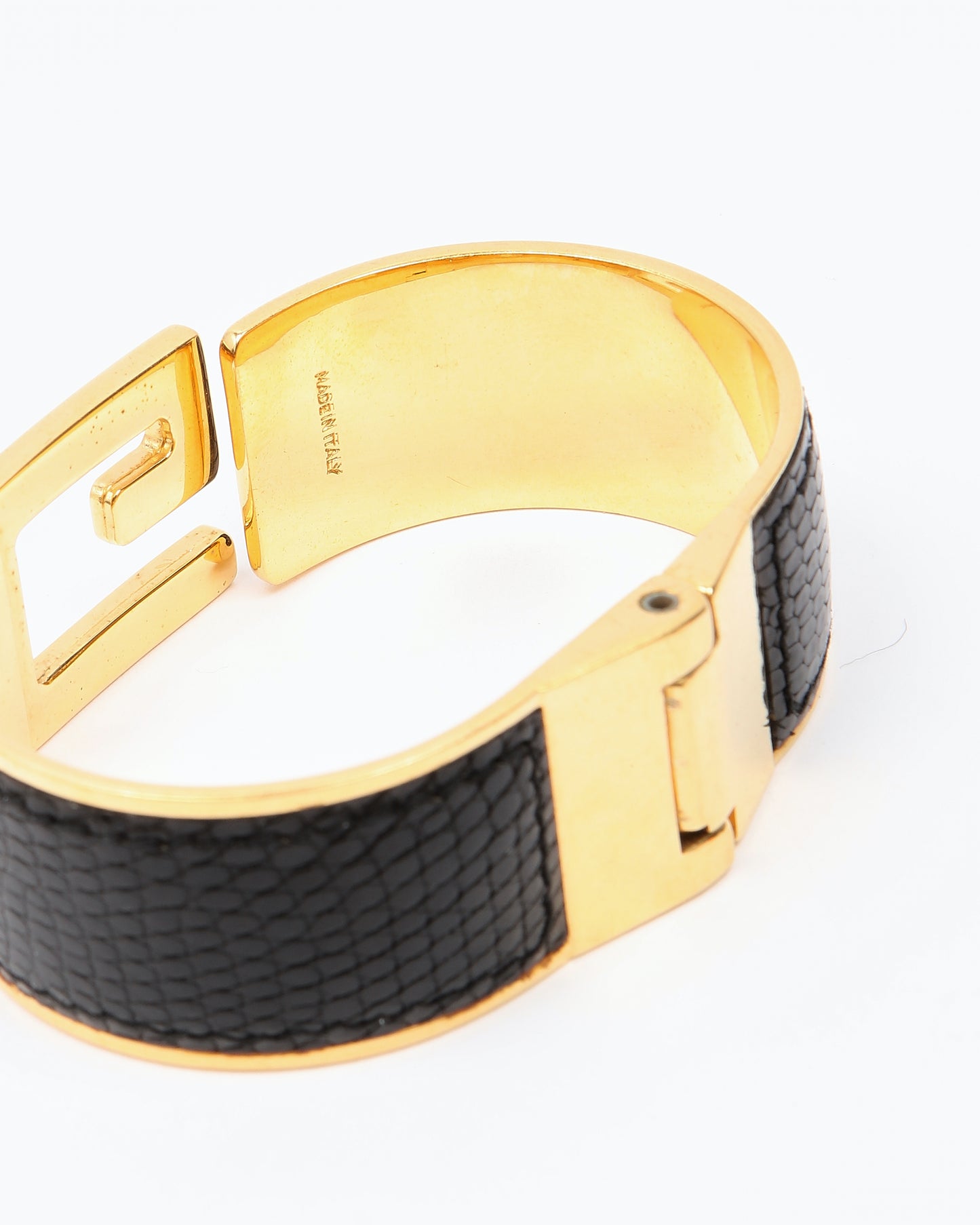 Gucci Gold & Black Lizard G Hinge Bangle Bracelet