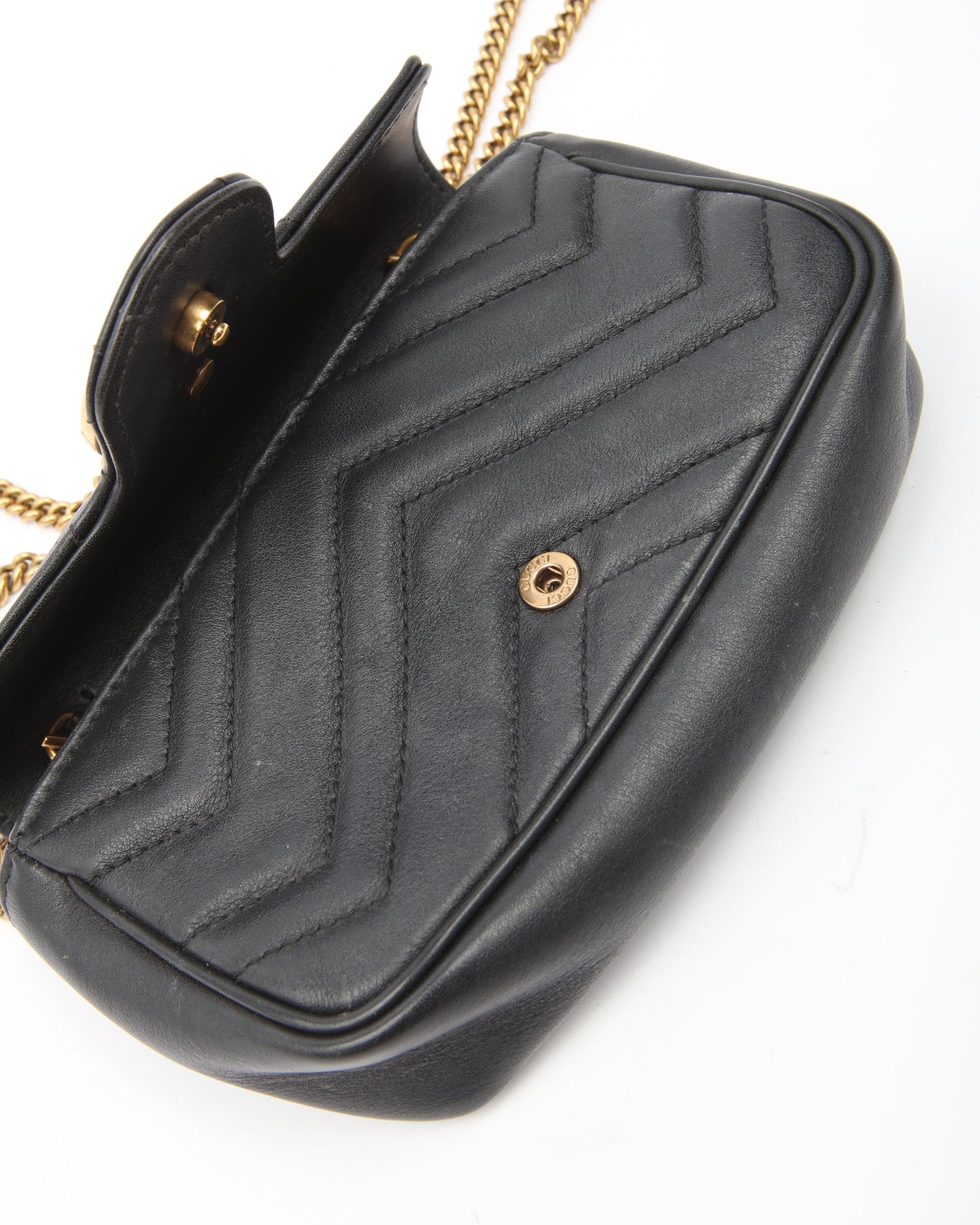 Gucci Black Leather Matelasse Chevron GG Marmont Super Mini Chain Bag