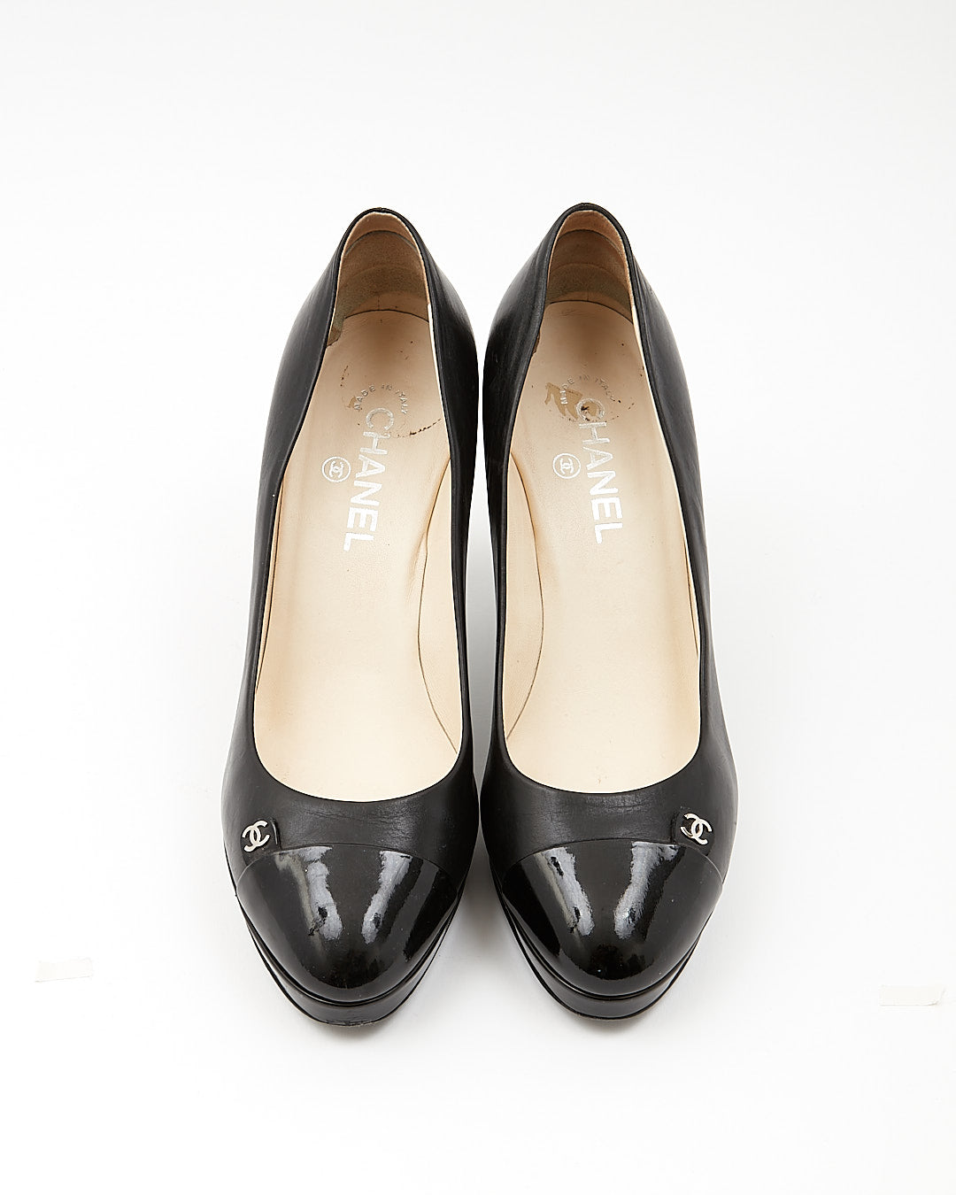 Chanel Black Leather Platform Pumps CC Logo Heels - 41