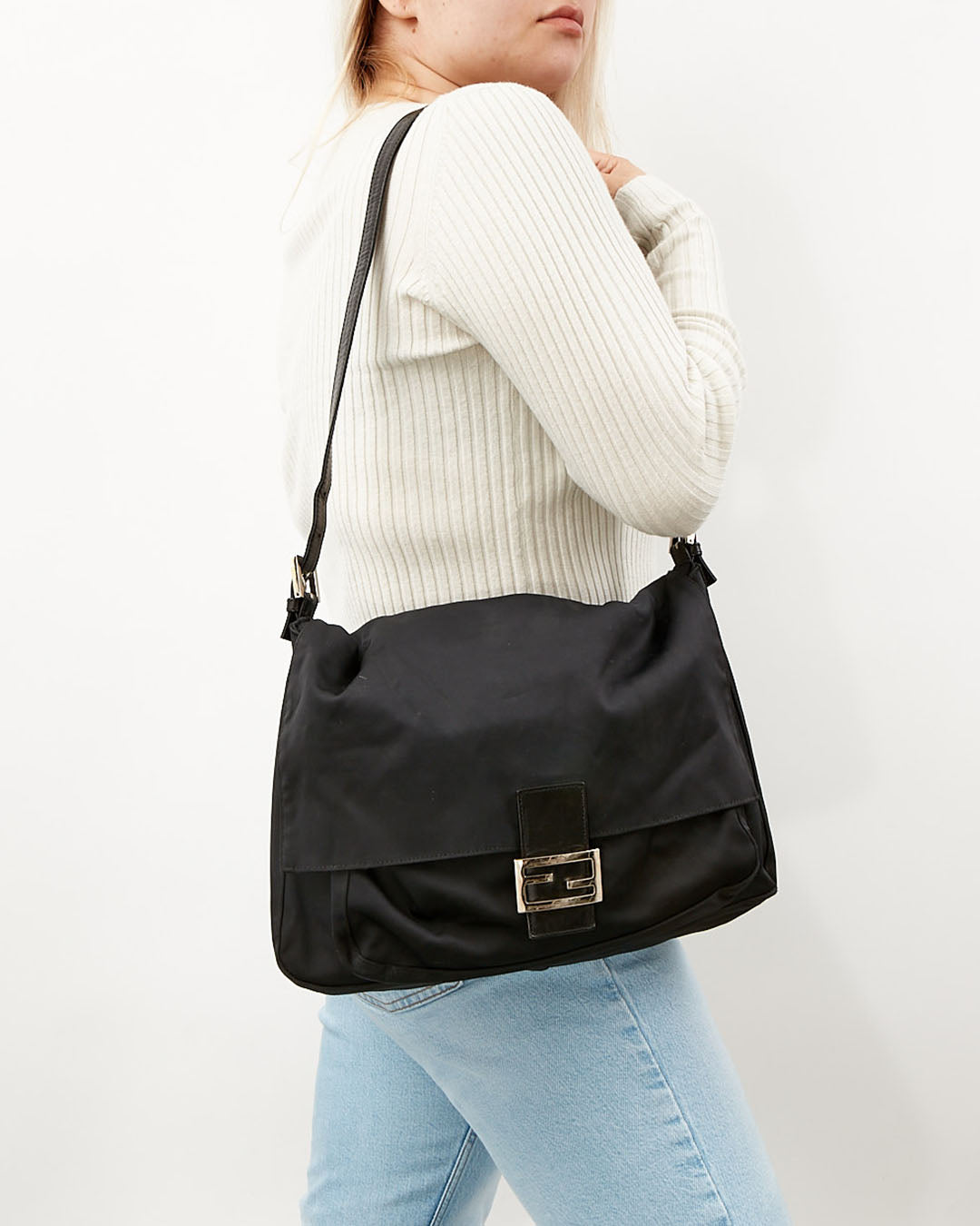 Fendi Black Nylon FF Baguette Extra Large Flap Bag