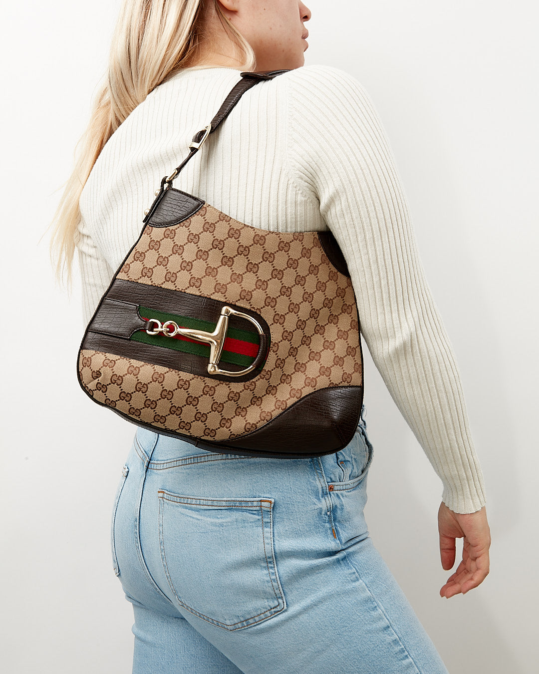 Gucci Brown GG Supreme Web Detail Horsebit Shoulder Bag