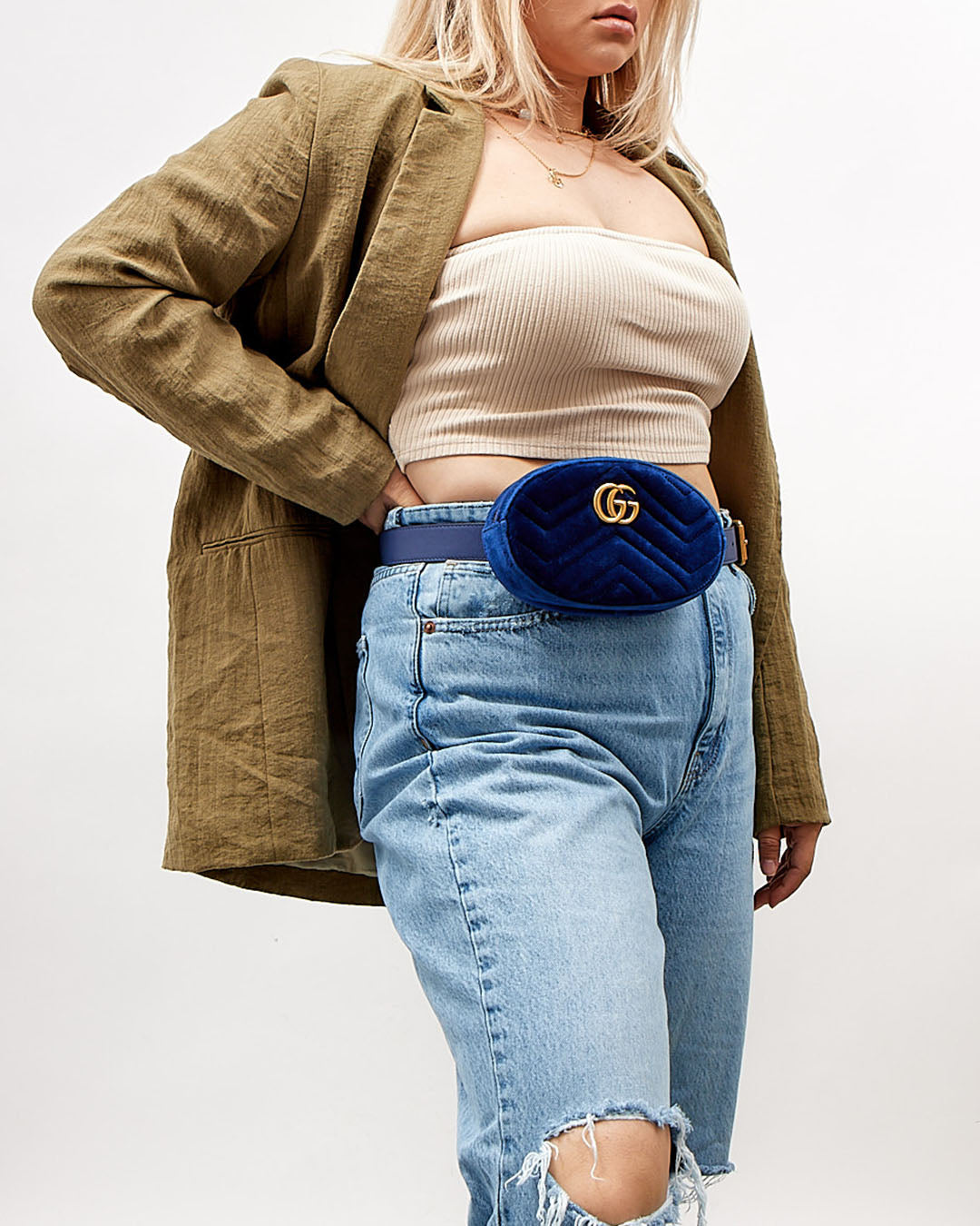 Gucci Blue Velvet GG Marmont Matelasse Belt Bag