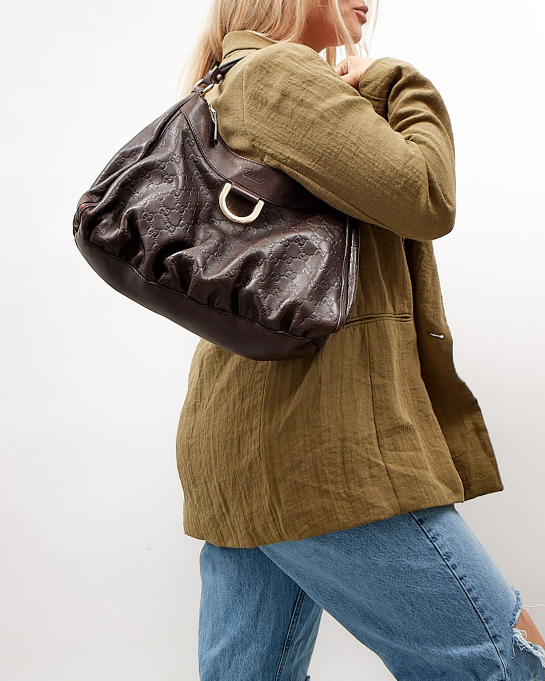 Gucci Brown GG Supreme Leather D Ring Hobo Shoulder Bag