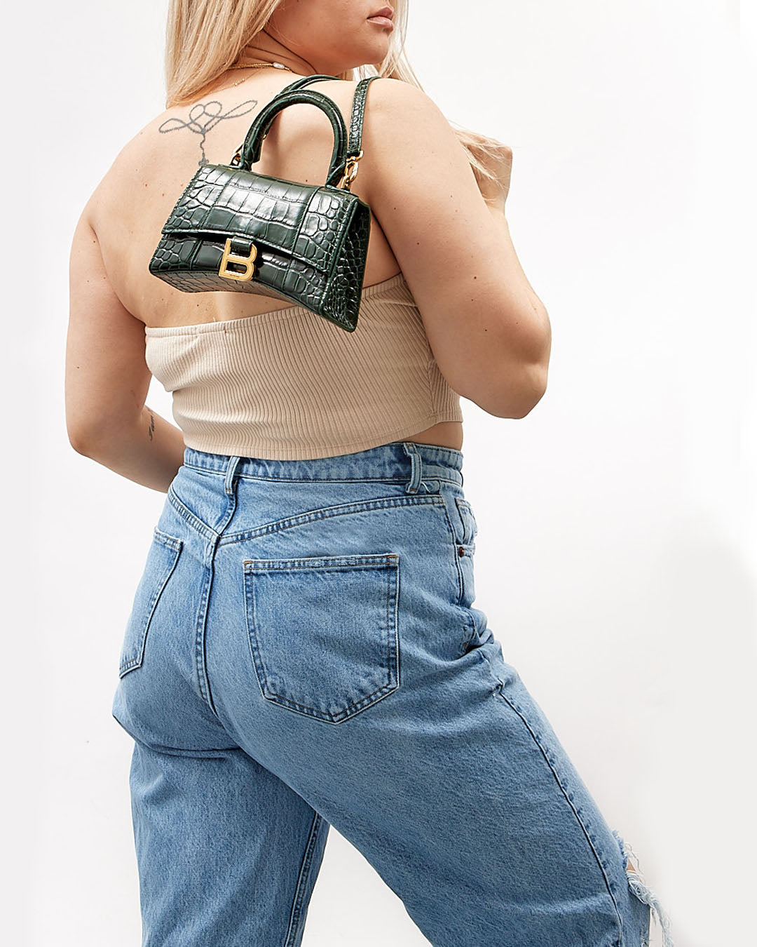 Balenciaga Forest Green Crocodile Embossed Hourglass XS Bag