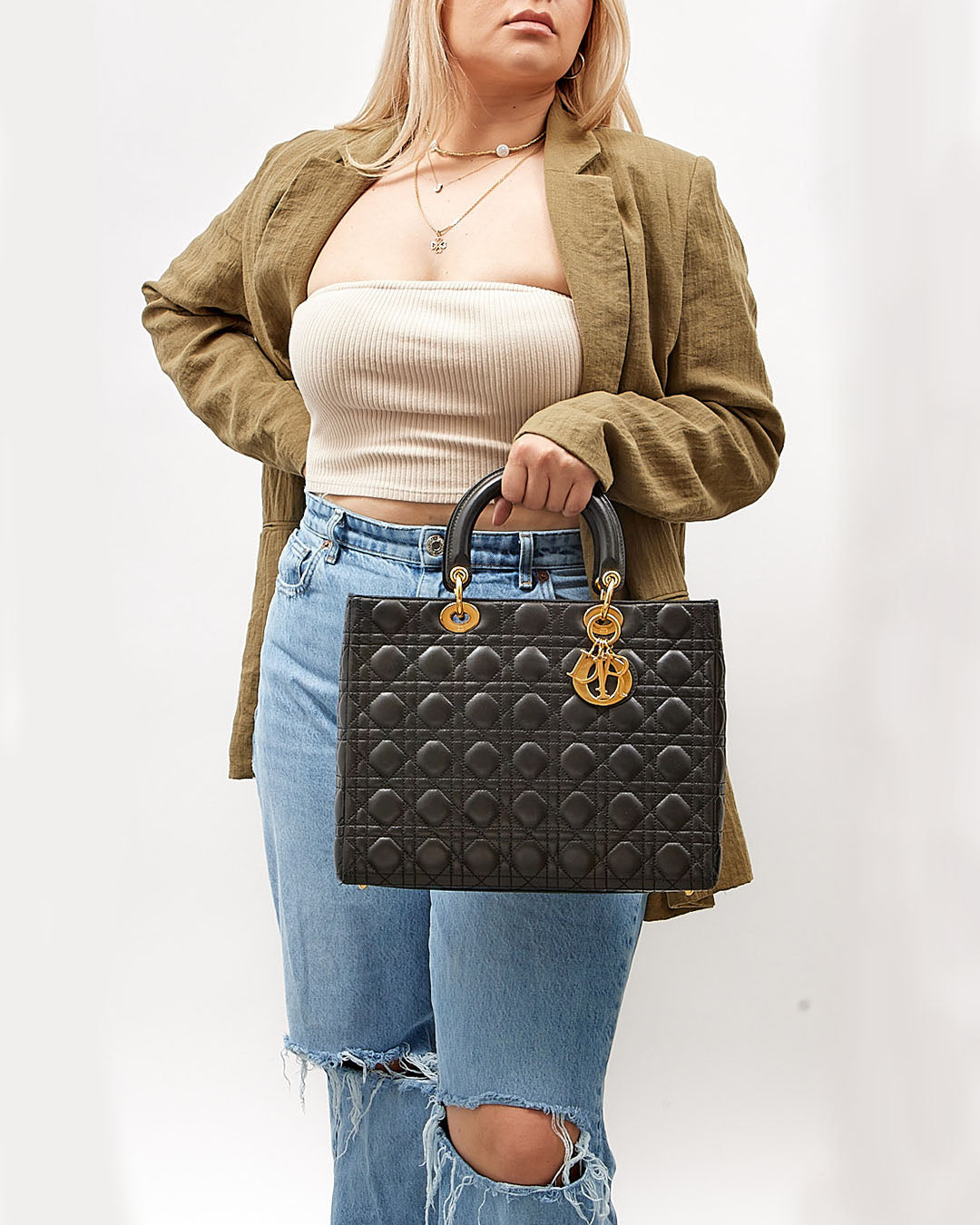 Dior Black Cannage Large Lady Dior Top Handle Bag