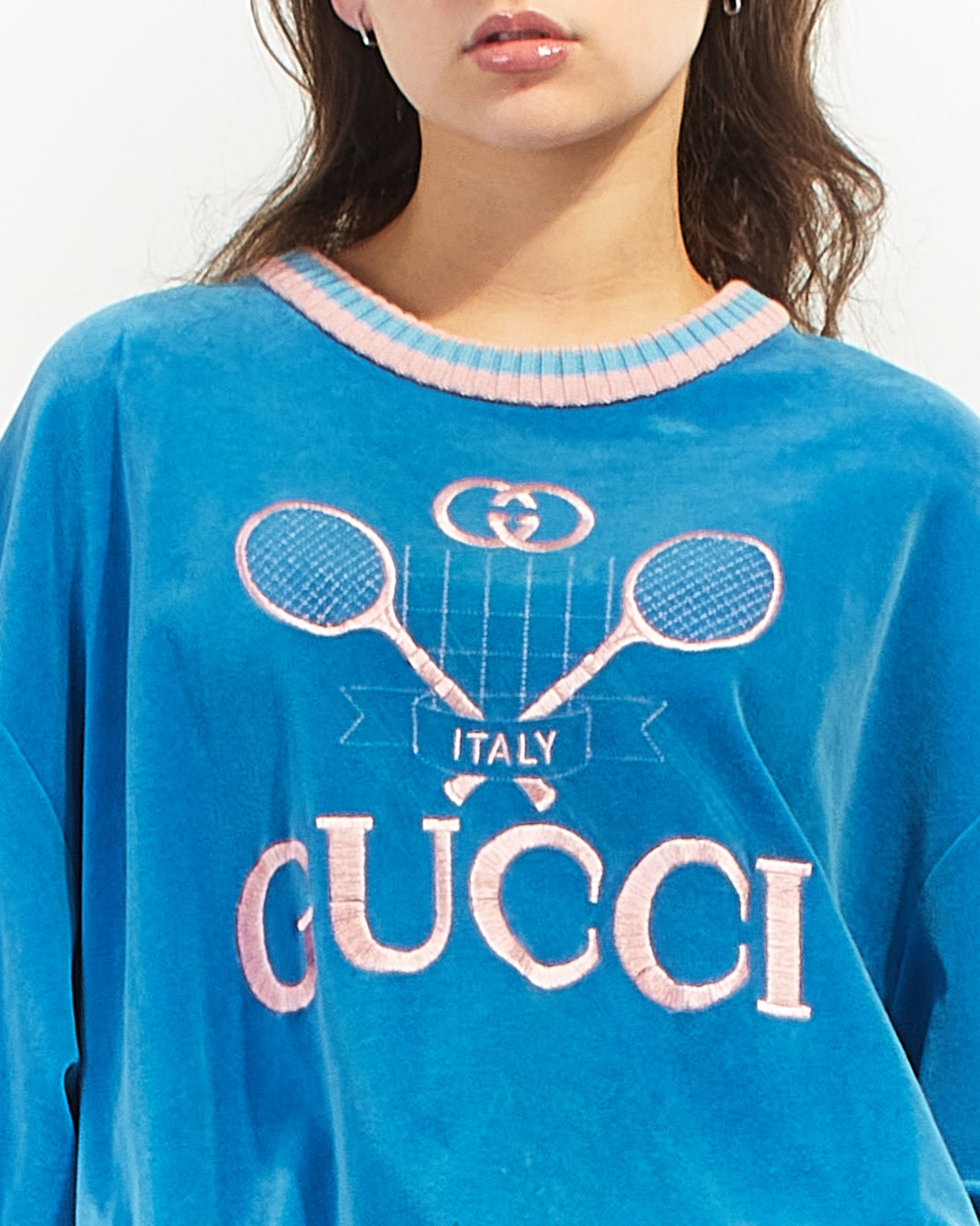 Gucci Blue/Pink Velvet Tennis Sweatshirt - S