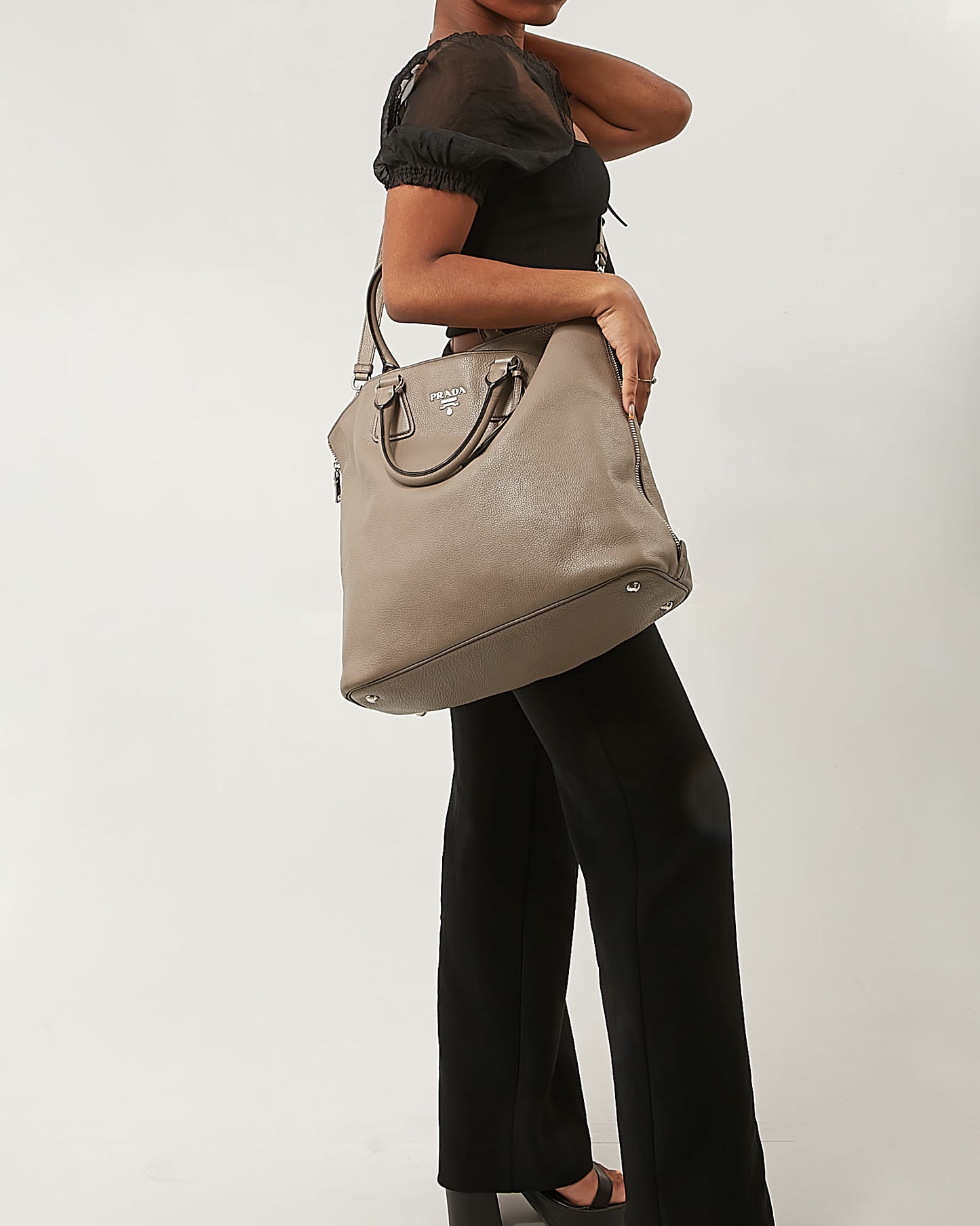 Prada Grey Leather Tote Convertible Tote Bag