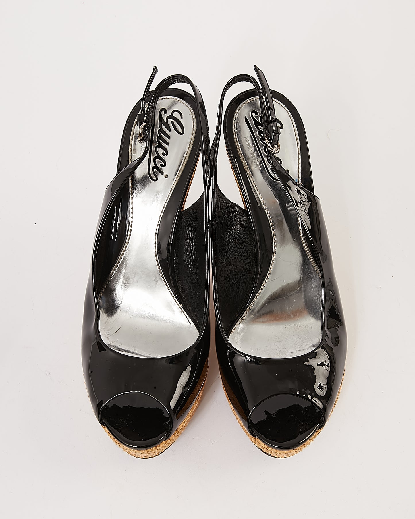 Gucci Black Patent Leather & Raffia Wedges - 37.5