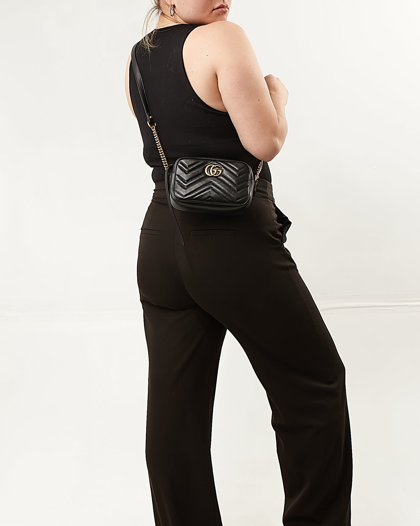 Gucci Black Leather Chevron Matelasse GG Marmont Camera Mini Bag