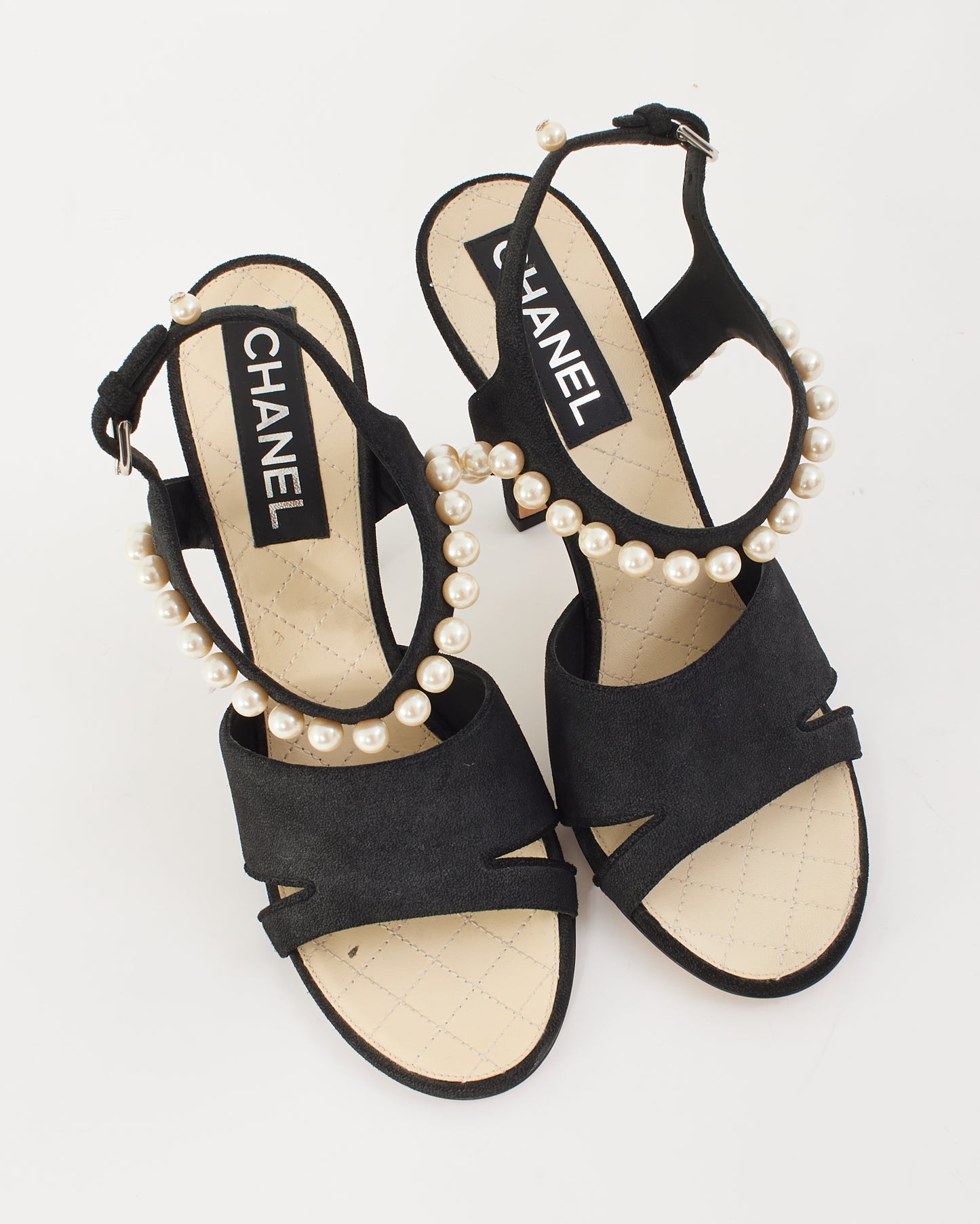 Chanel Black Suede Pearl Embellishment Sandals - 40