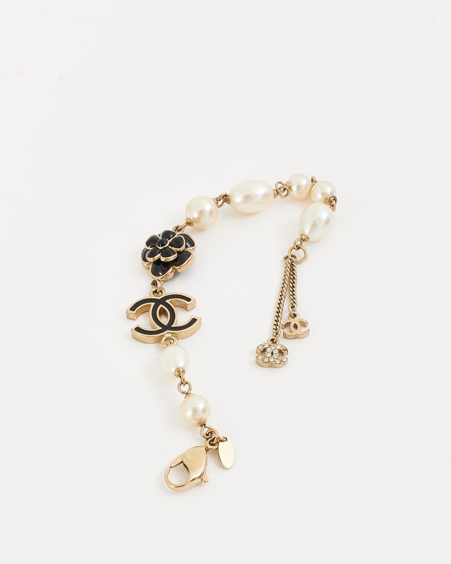 Chanel Black Enamel and Pearl Camellia Flower Bracelet