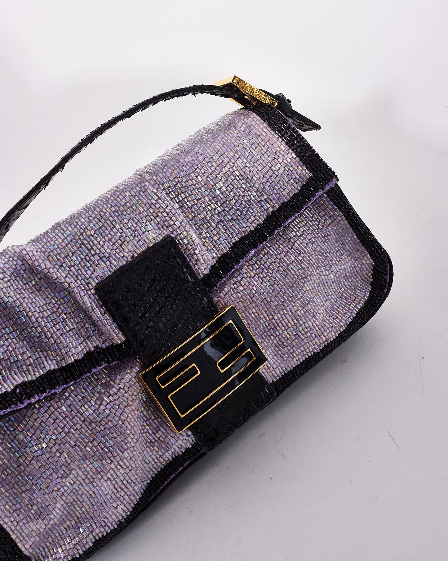 Fendi Vintage Purple & Black Trim Beaded Baguette Shoulder Bag