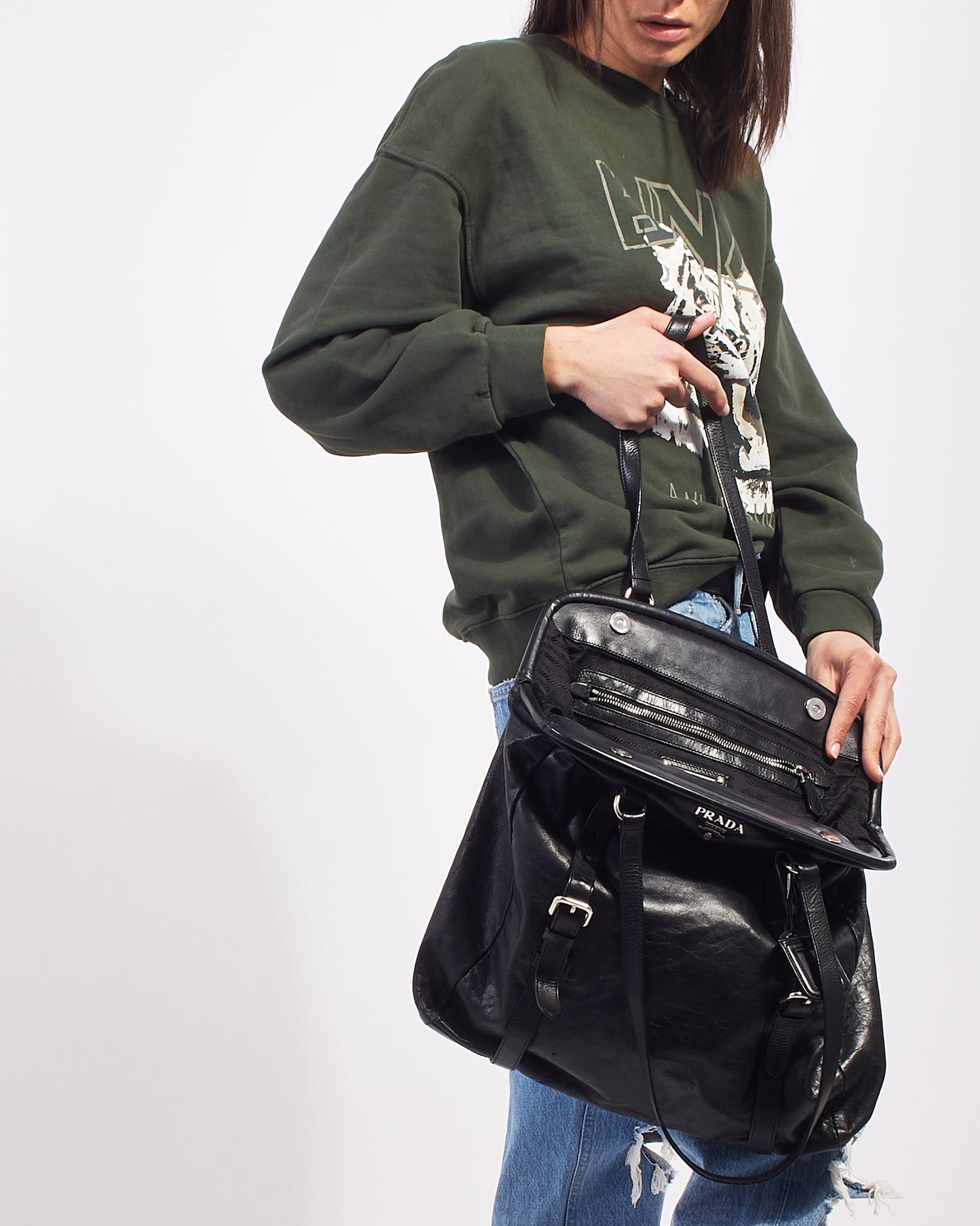 Grand sac docteur en cuir noir Prada