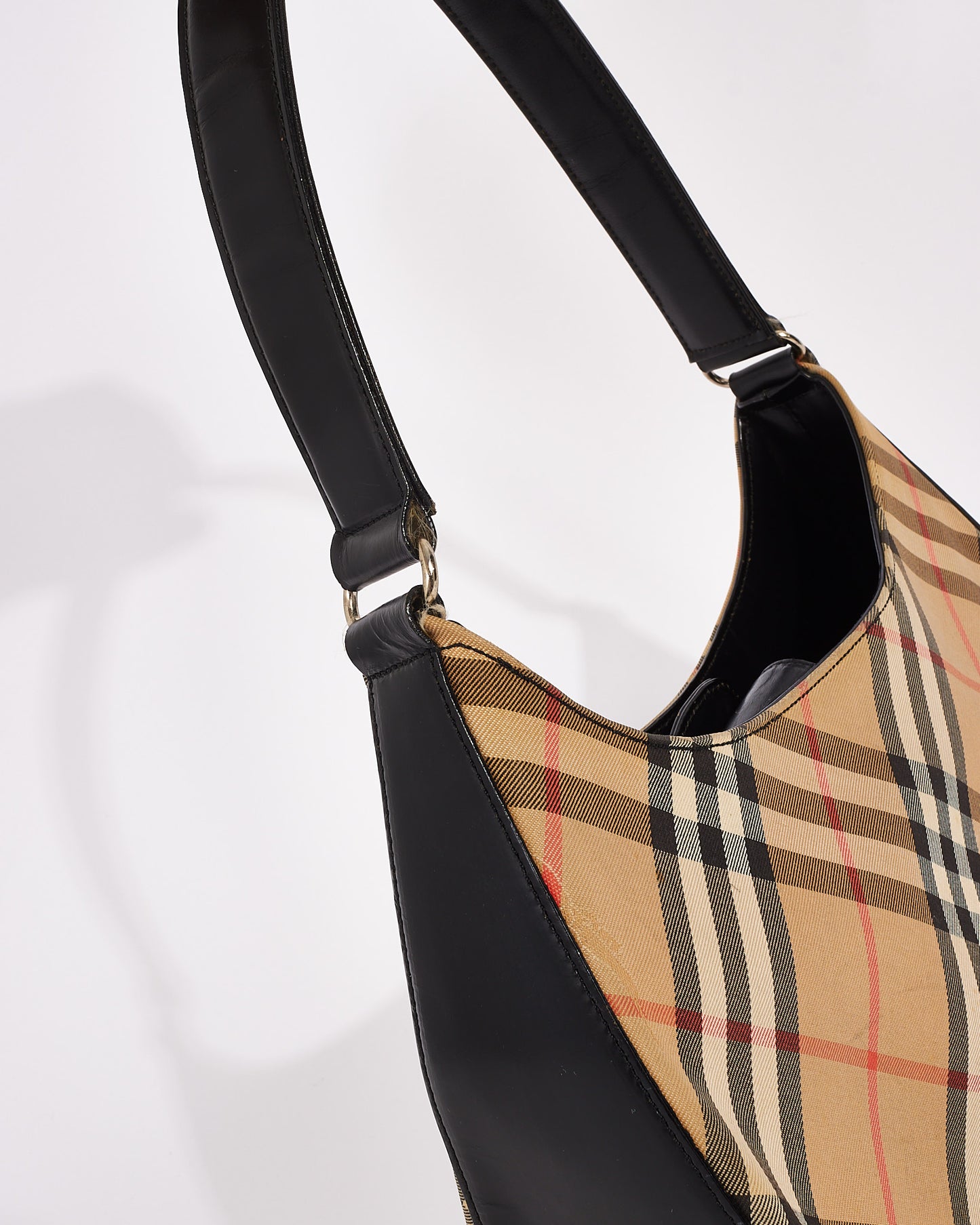 Burberry Vintage Black Leather & Beige Vintage Check Canvas Shoulder Bag