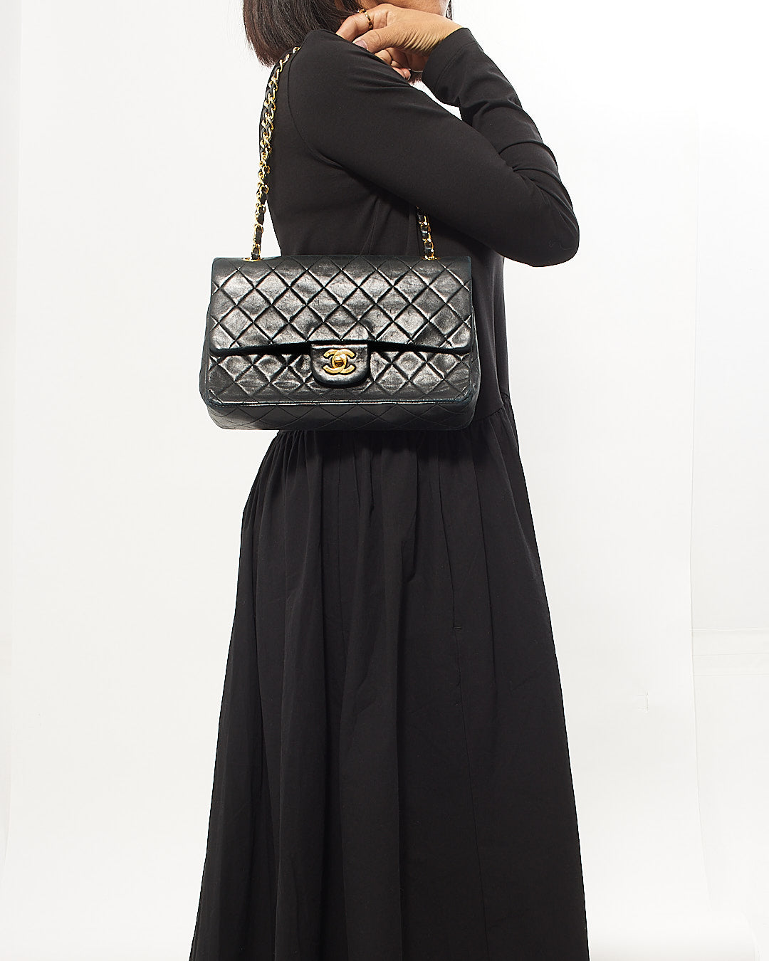 Chanel Black Lambskin Vintage 24K Gold Plated Medium Classic Double Flap Bag