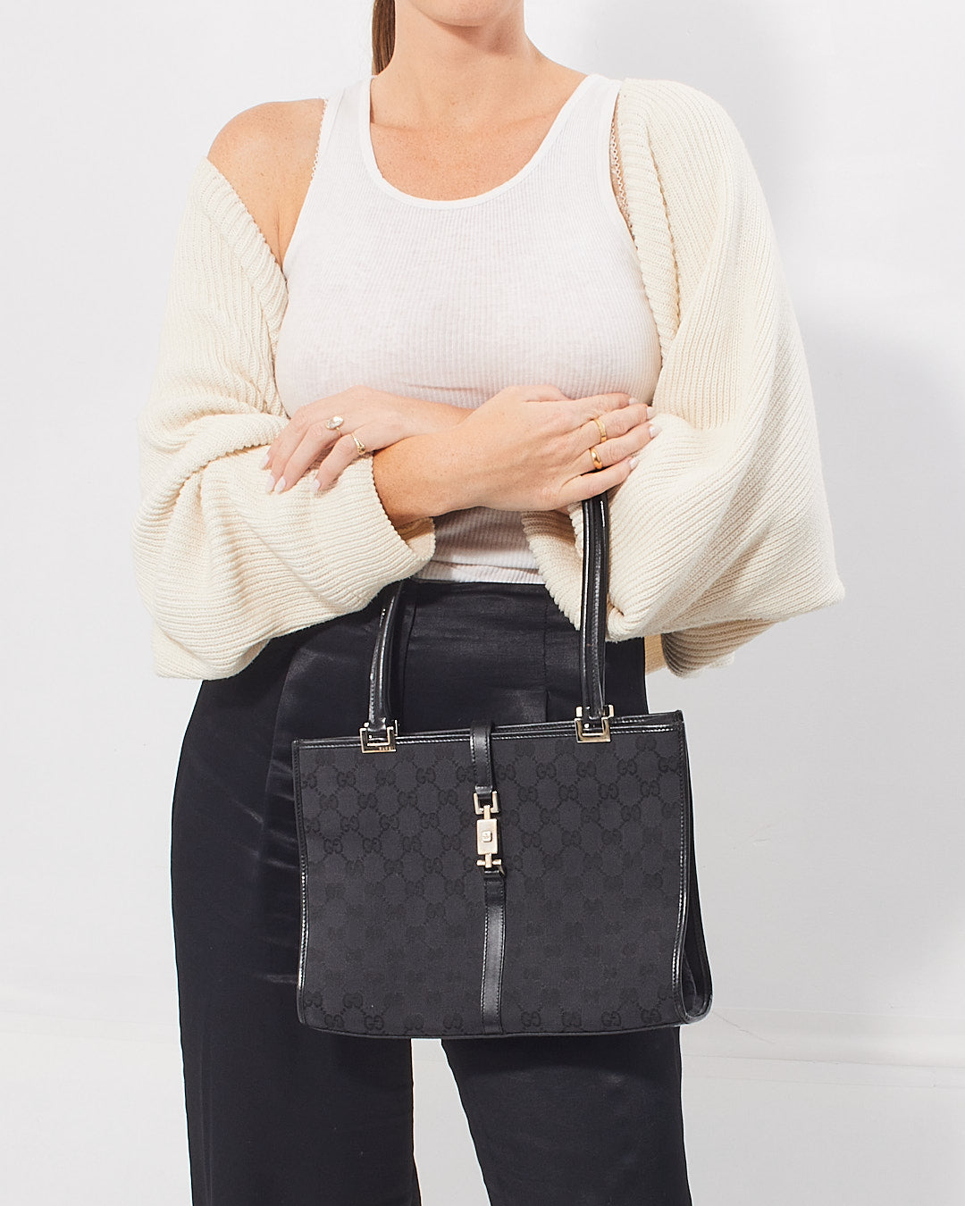 Gucci Black GG Canvas Top Handle Vintage Jackie Bag