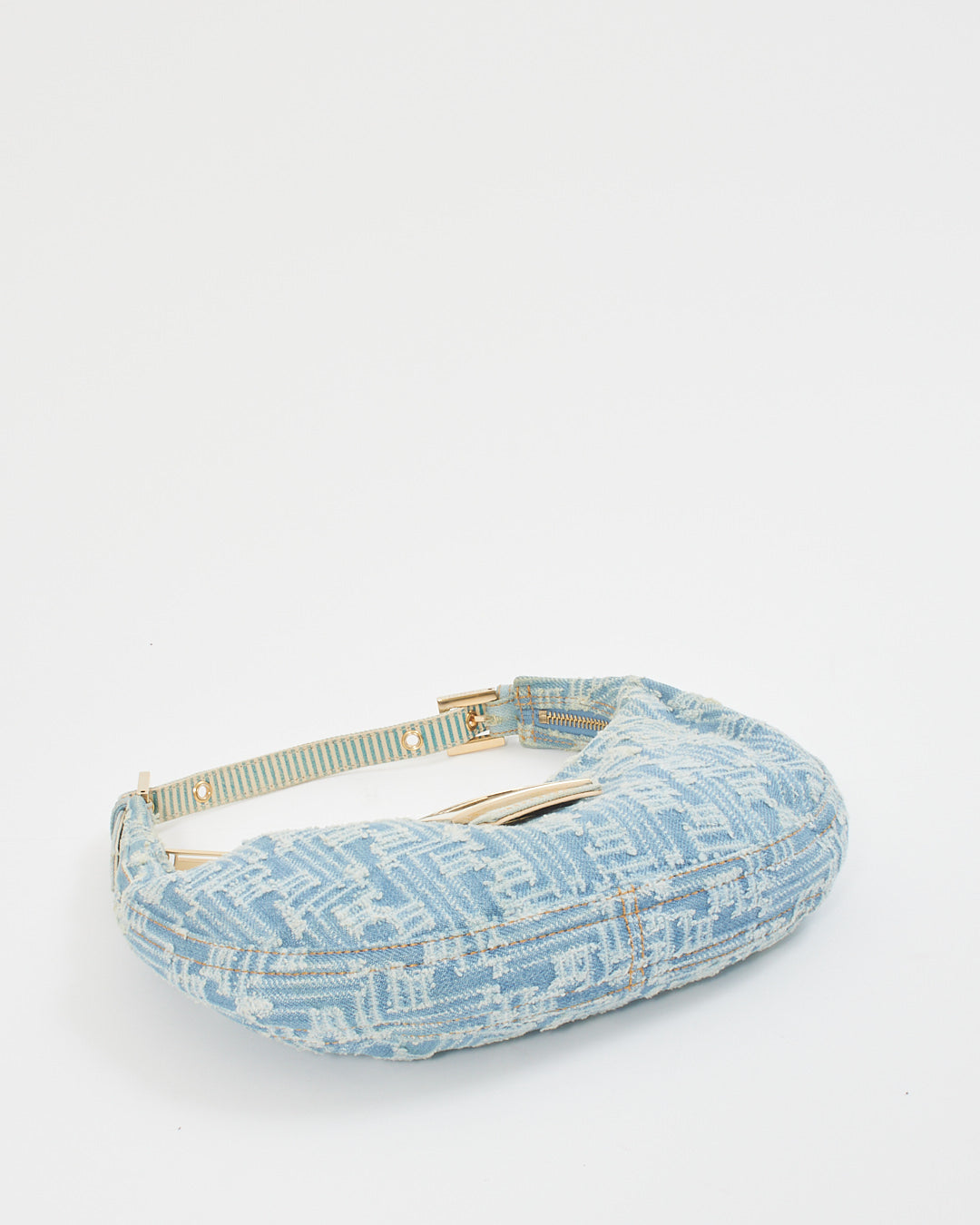Fendi Blue Denim Zucca Hoop Baguette Shoulder Bag