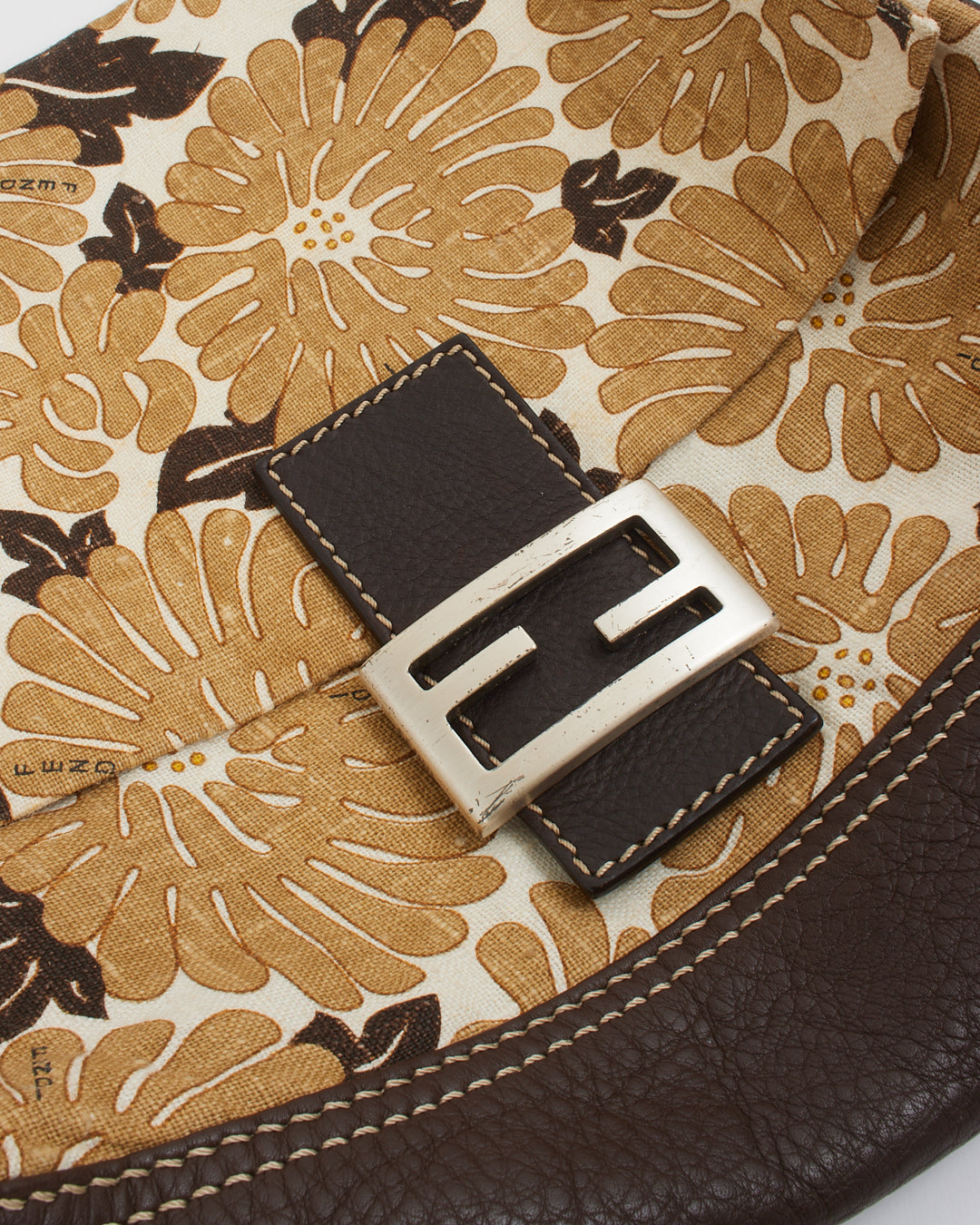 Fendi Brown Leather & Canvas Floral Mama Forever Baguette Bag