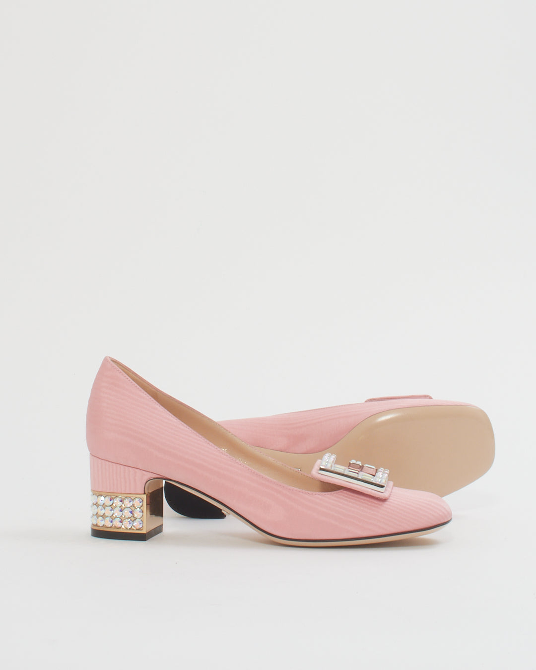 Gucci Pink Moire Fabric Crystal G Madelyn Mid-Heel Pumps