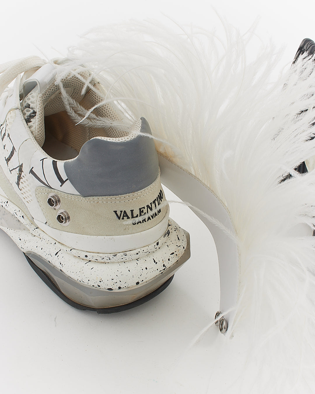 Valentino Men's White/Black Fabric and Leather Camouflage Feathers Sneakers - 44
