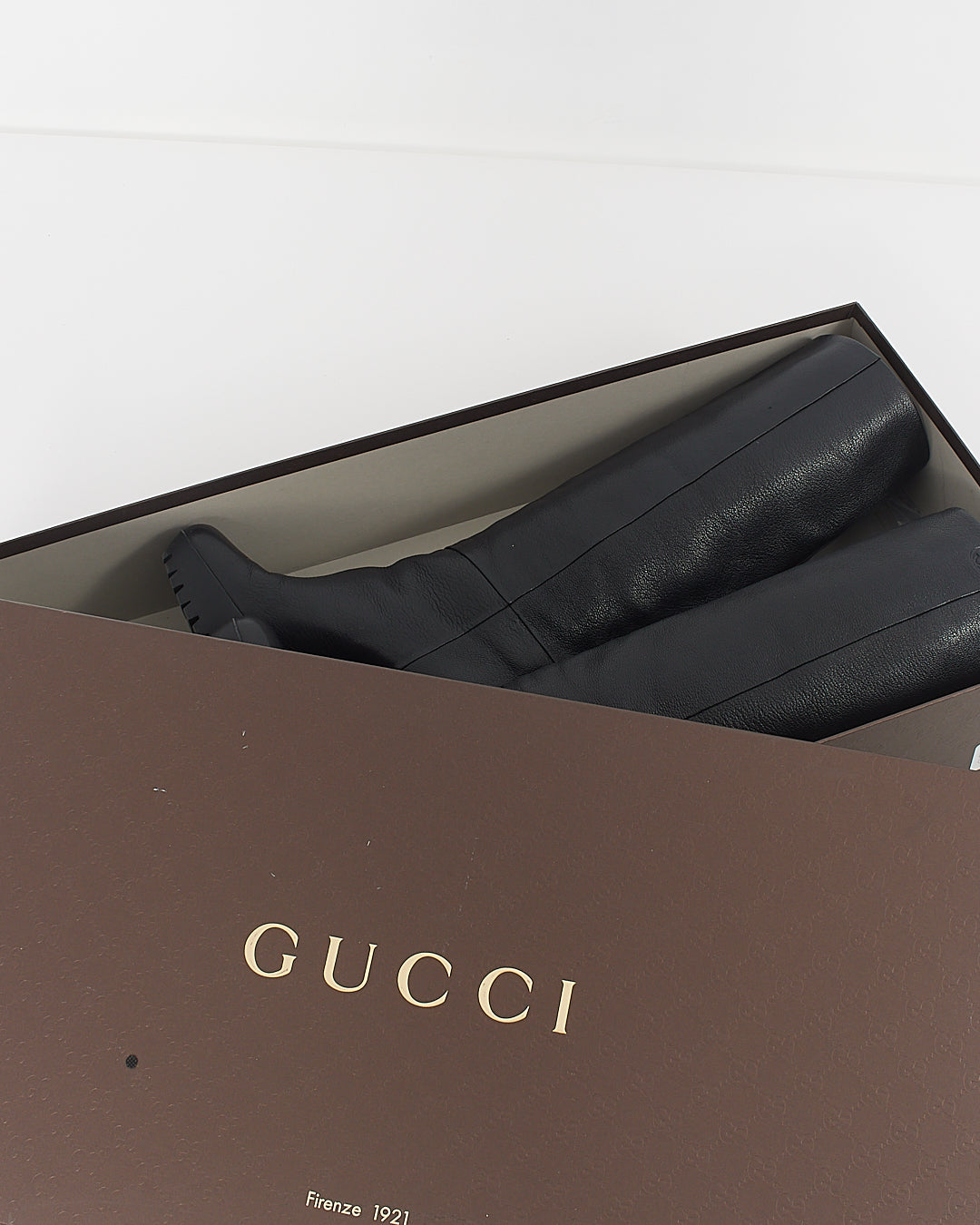 Gucci Black Leather Interlocking Wedge Knee High Boots - 36