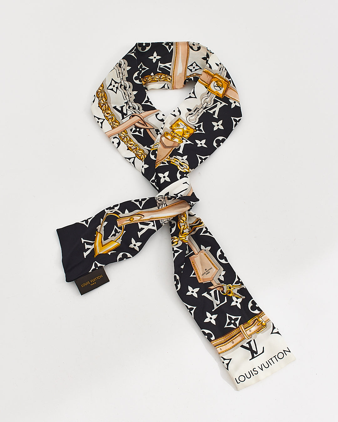 Explore a Louis Vuitton Black Silk Confidential Print Twilly Scarf