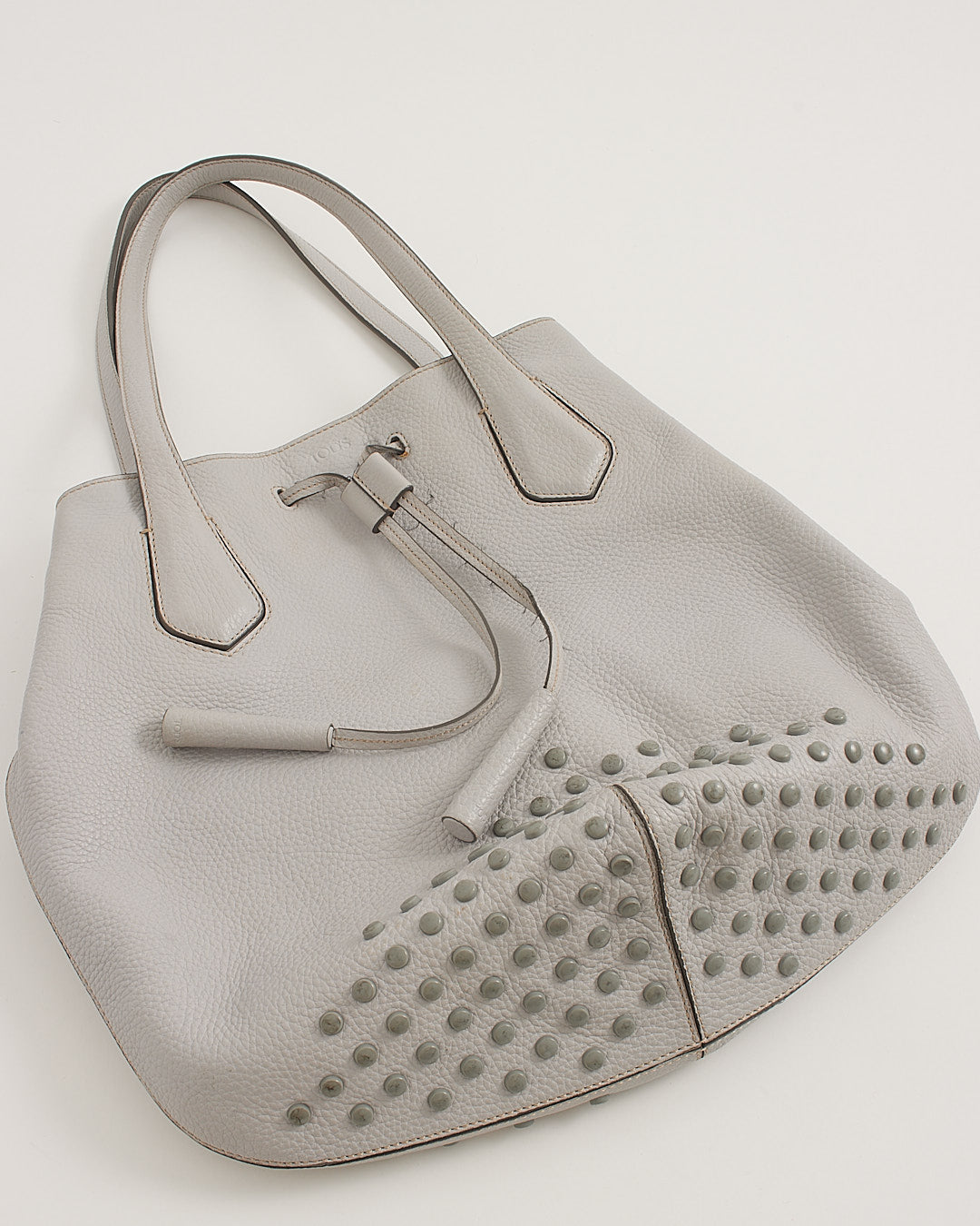 Tod's Cloud Grey Leather Studded Hobo Shoulder Bag