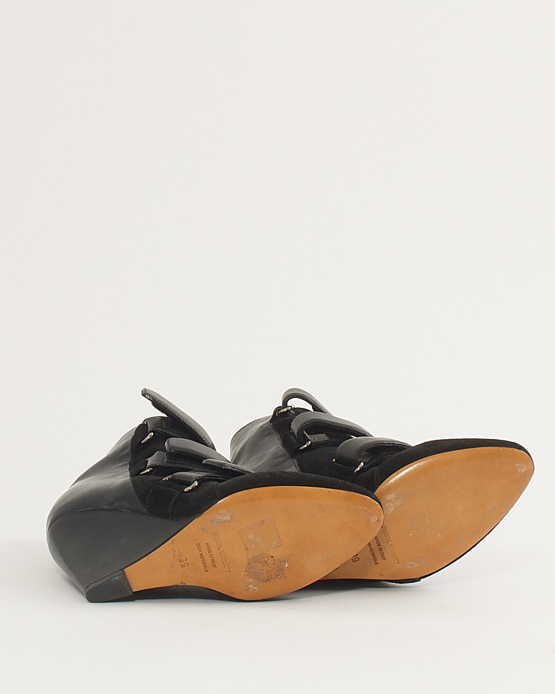 Isabel Marant Black Leather and Pony Fur Velcro Wedge Booties - 39