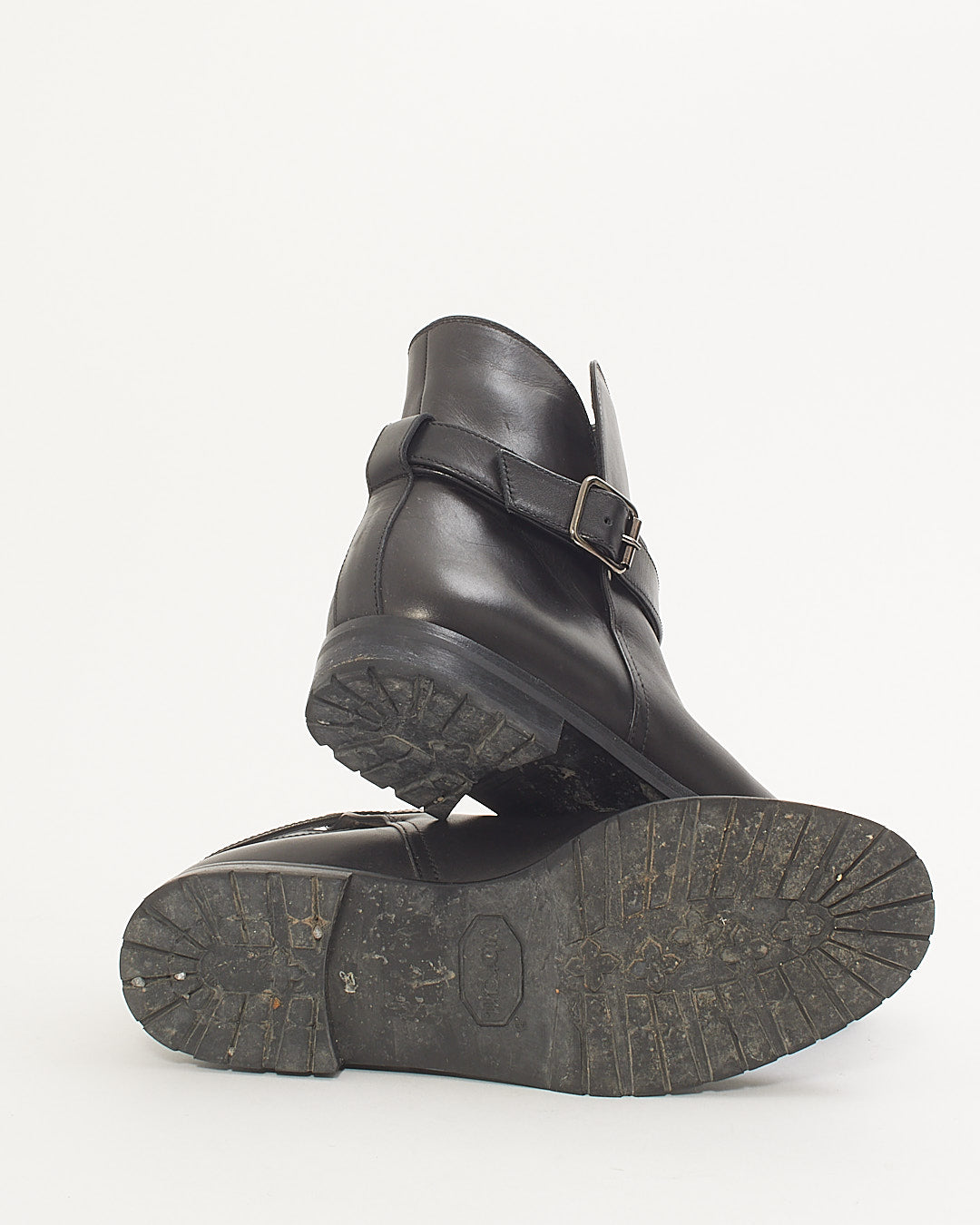 Manolo Blahnik Black Leather Buckle Wrap Moto Boots - 38