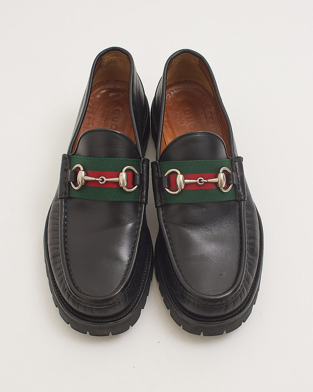 Gucci Men's Black Leather Web Horsebit Lug Sole Loafers - Men's 8