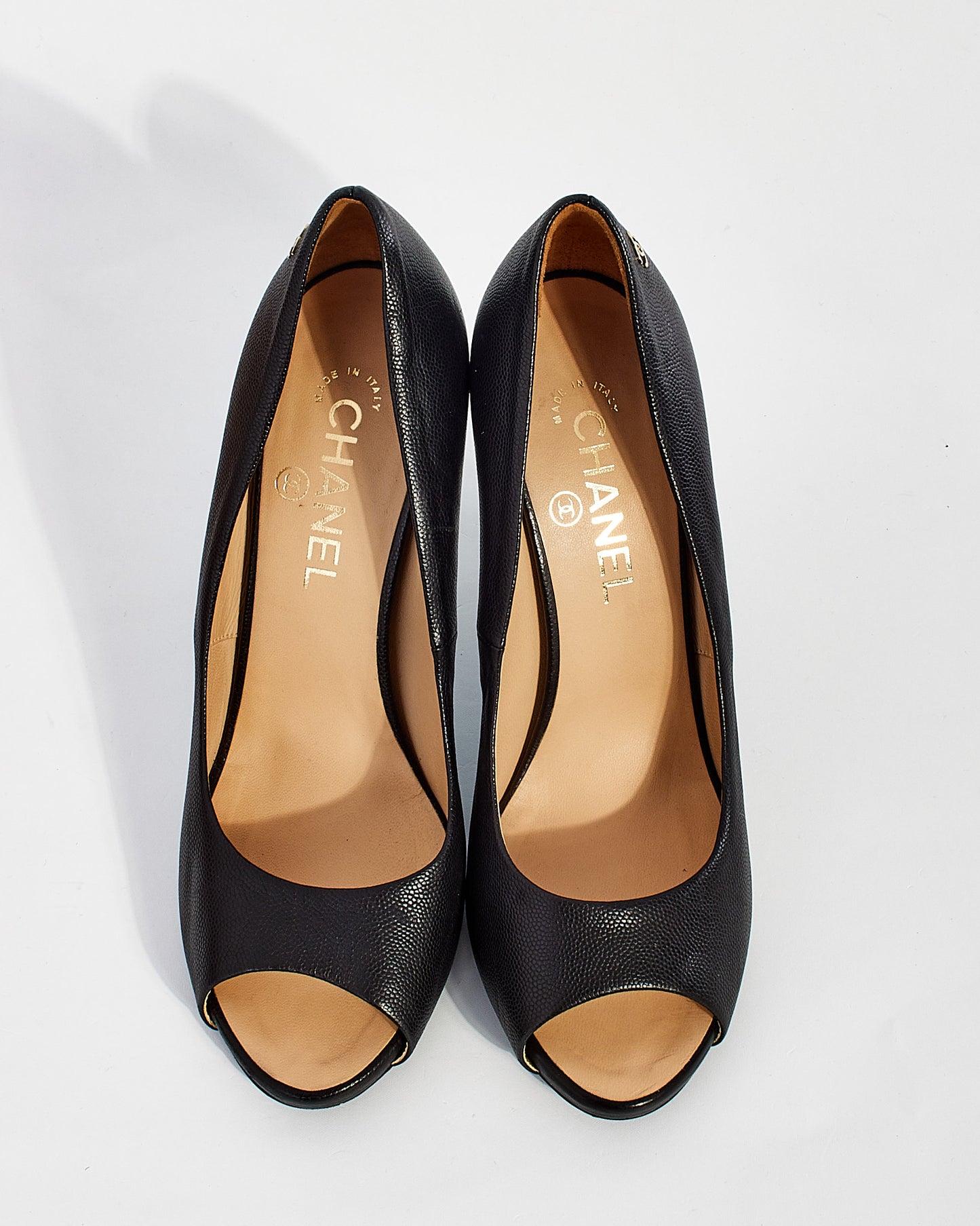 Chanel Black Leather CC Pearl Embellished Heel Peep Toe Pumps - 39.5