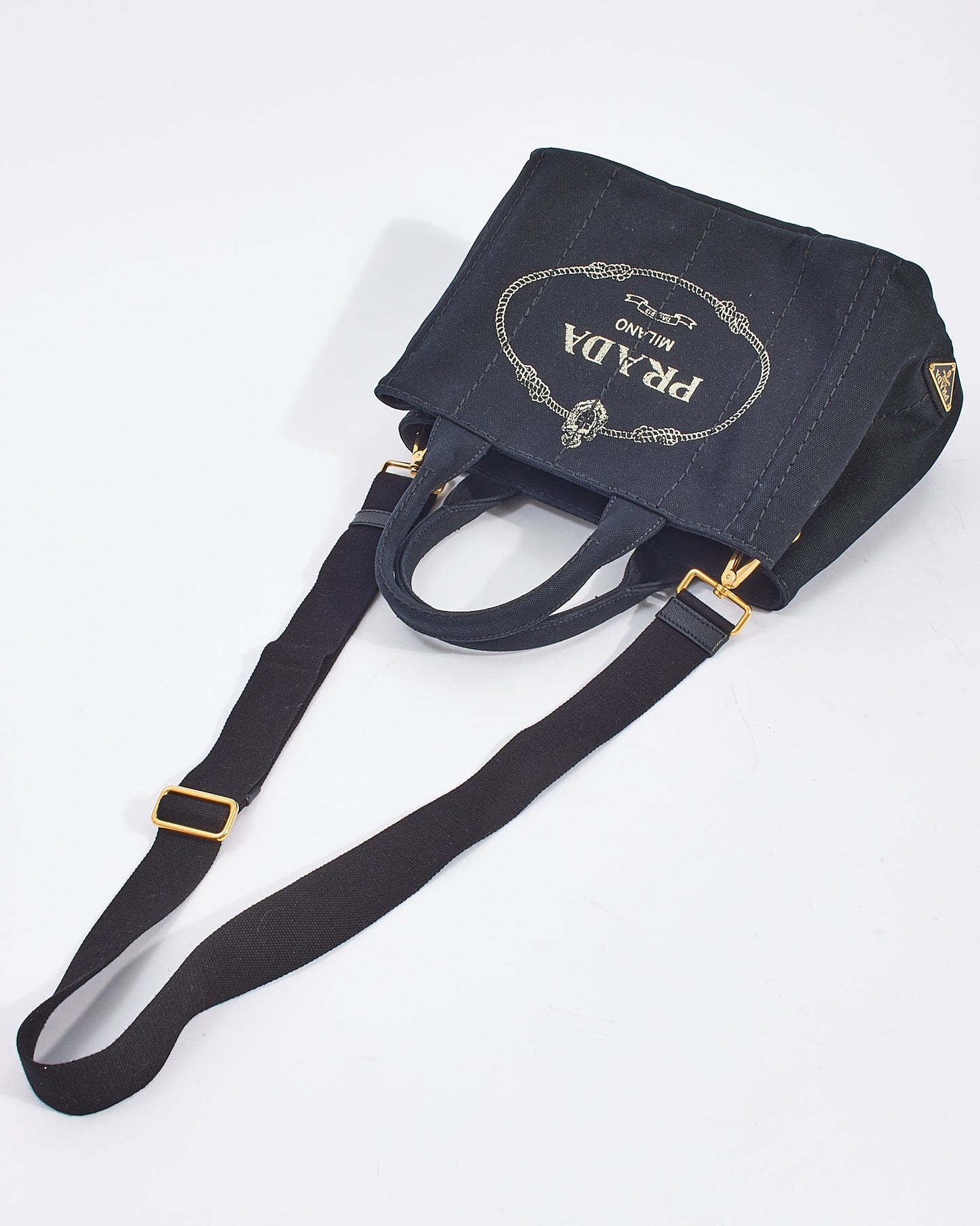 Petit cabas Canapa avec logo en toile de coton noir Prada avec sangle