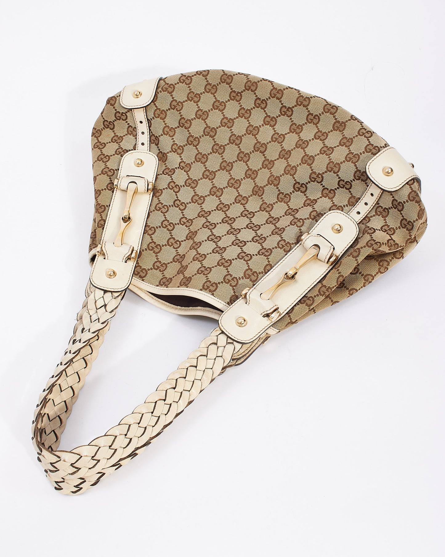 Gucci White Leather GG Monogram Canvas Small Pelham Tote Bag