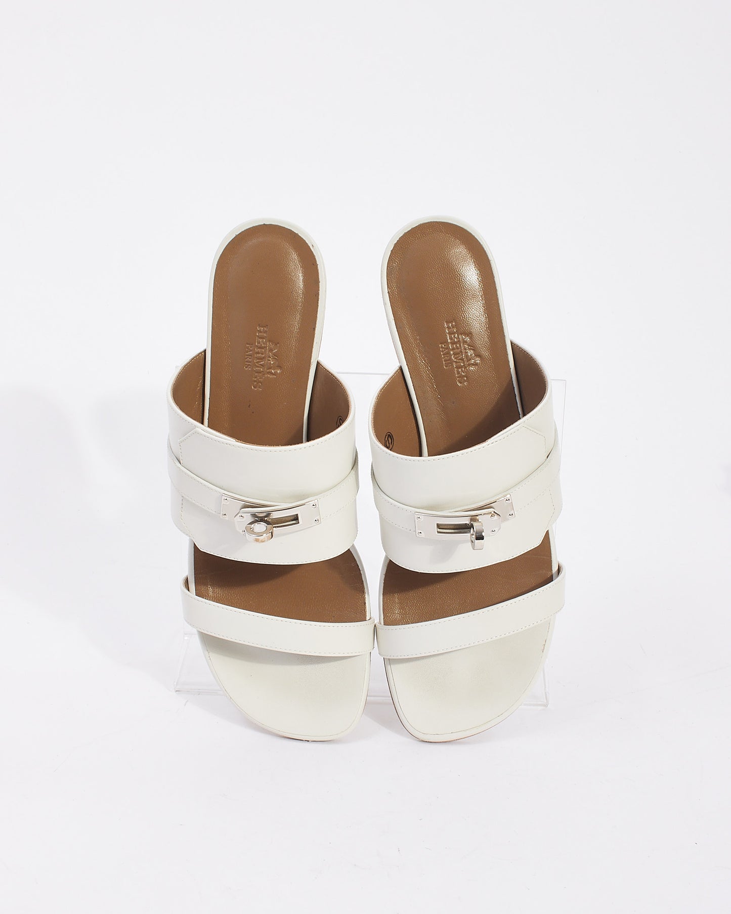 Hermès White Leather Avenue Kelly Flat Sandals - 37