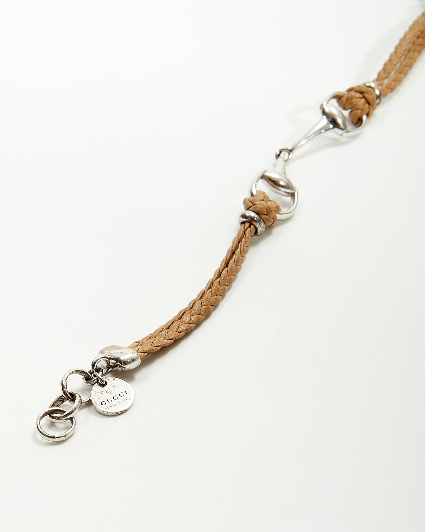 Gucci Beige Braided Leather Cord Horsebit Bracelet