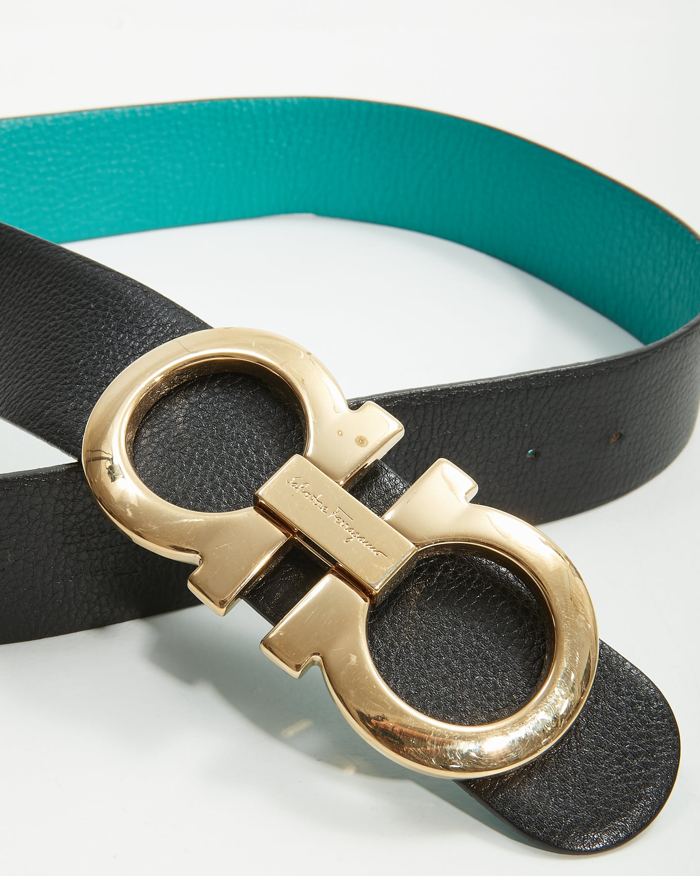 Ferragamo Black/Teal Leather Convertible Gancini Wide Belt - 80