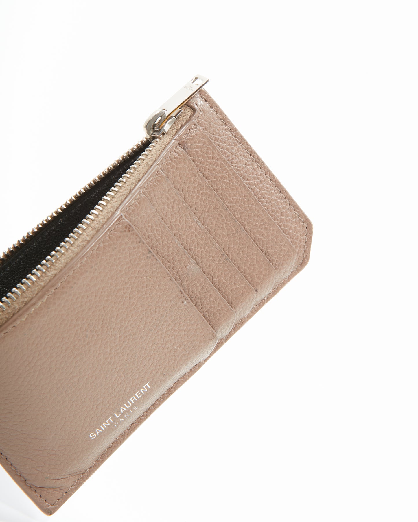 Porte-cartes zippé en cuir taupe Saint Laurent