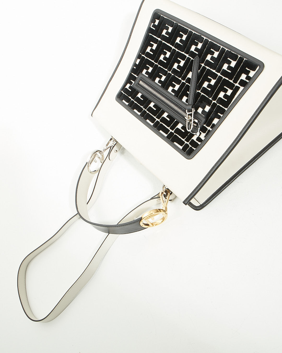 Fendi White Leather Zucca Velvet Print Runway Shopping Tote Bag