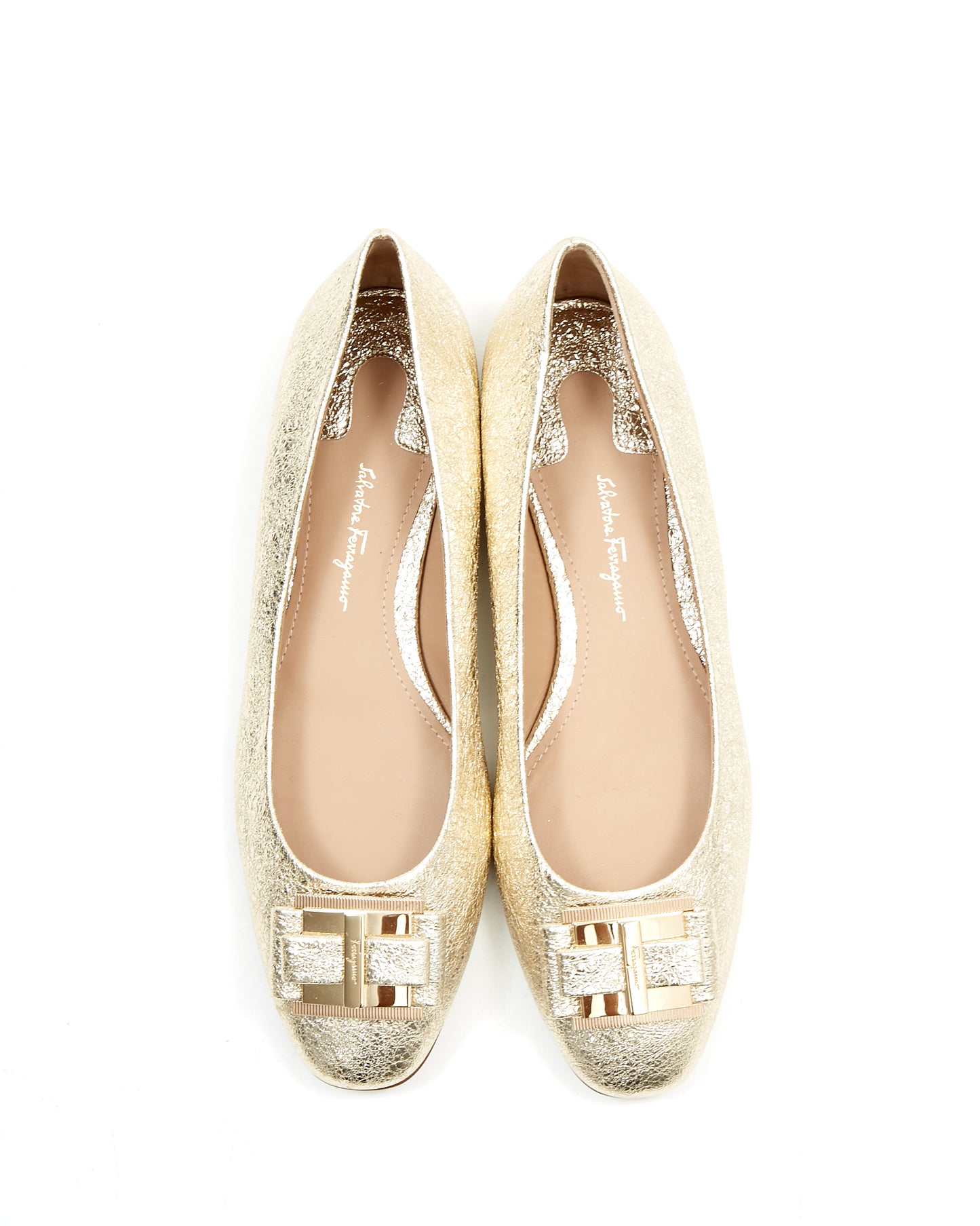 Ferragamo Metallic Gold Foil Leather Ballerina Flats - 9