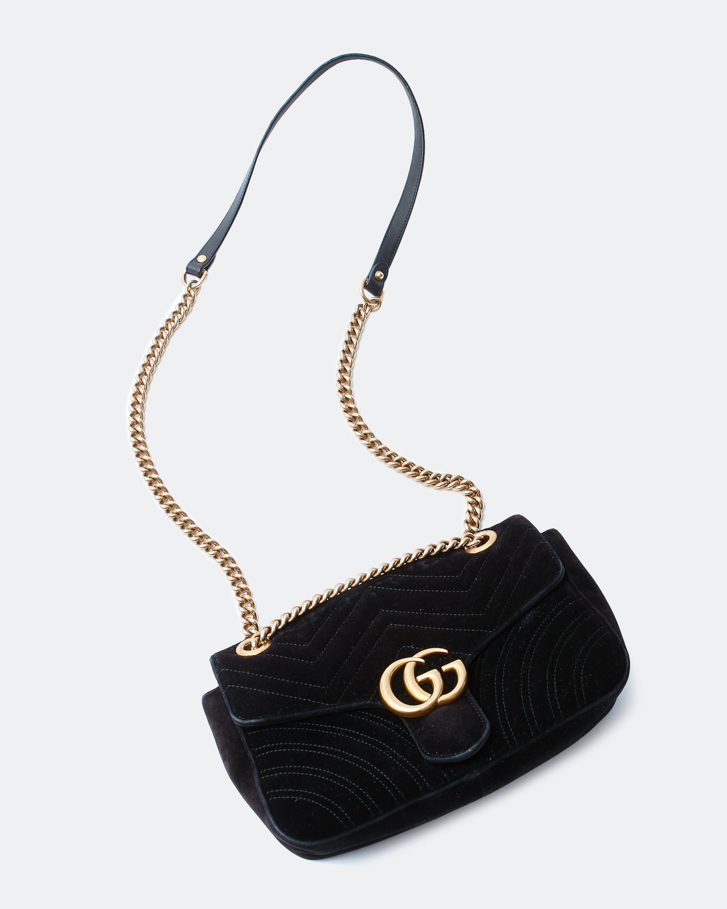 Gucci Black Velvet Matelasse Marmont GG Medium Chain Bag