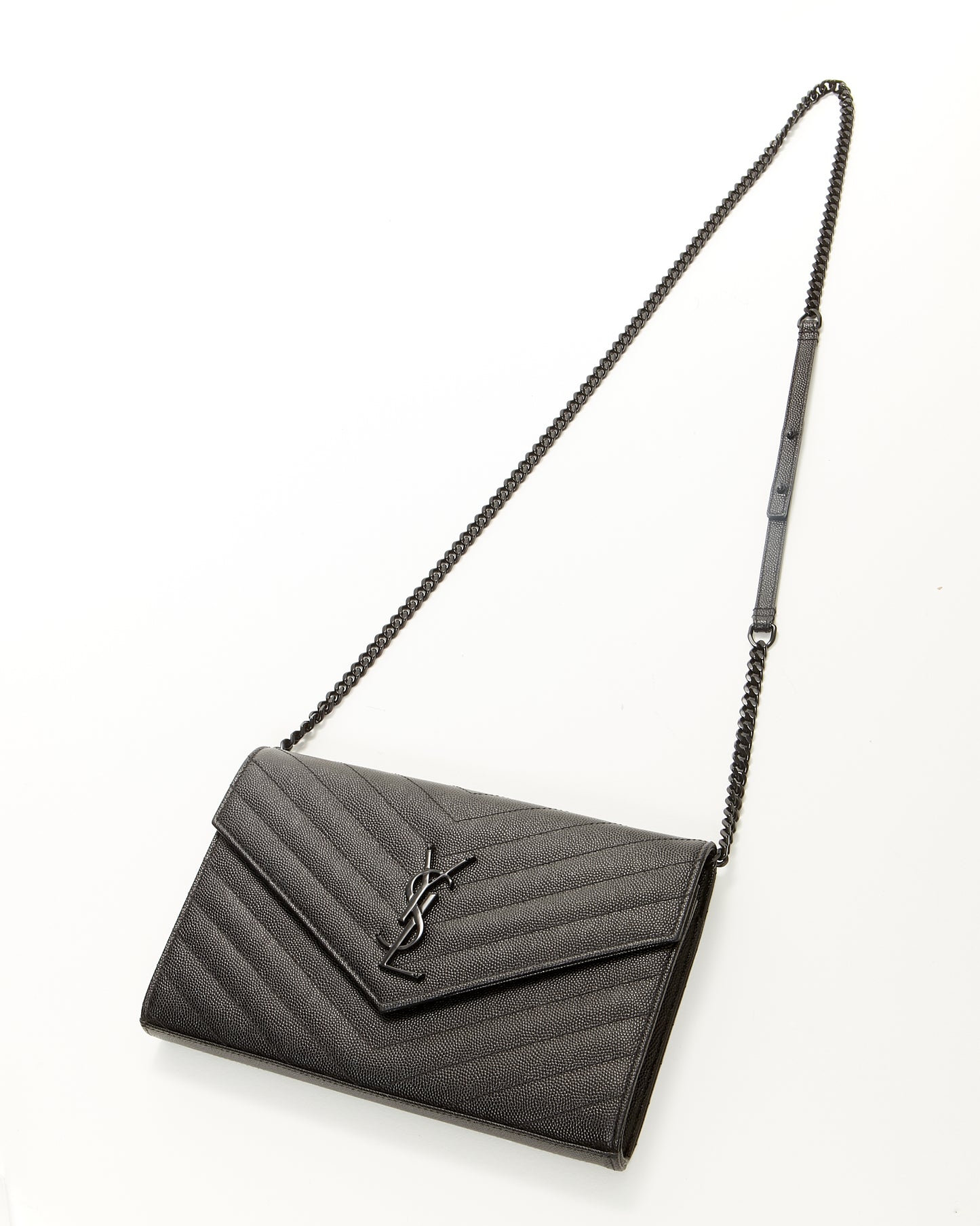 Saint Laurent Black on Black Grain De Poudre Leather Monogram Envelope Chain Crossbody